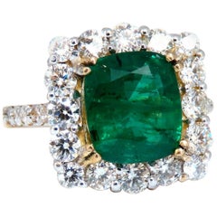 5.80 Carat Natural Emerald Diamonds Squared Halo Cluster Ring 14 Karat