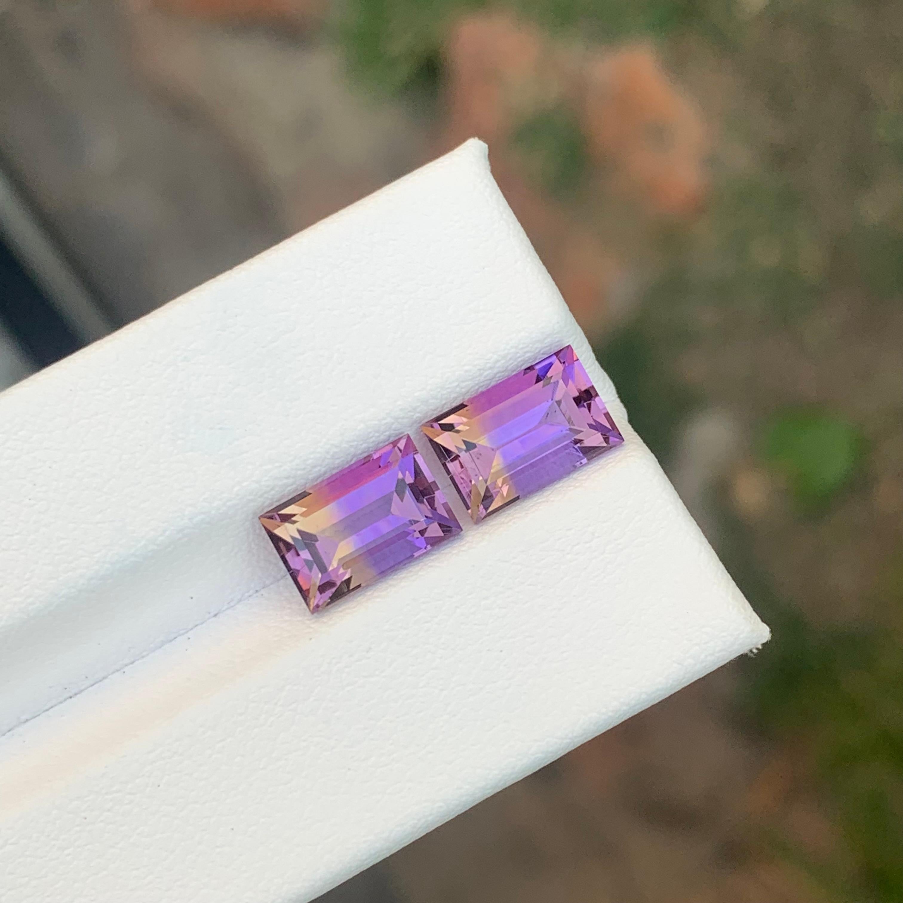 Faceted Ametrine Pair 

Weight: 5.80 Carats
Dimension: 10 x 6.5 x 5.8 Mm
Shape: Baguette 
Color: Purple & Yellow
Treatment: Non
Certificate: On Client Demand
.
Ametrine is a unique and striking gemstone that combines both amethyst and citrine in a