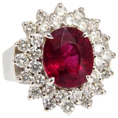 5.80 Carat Natural Pinkish Red Tourmaline Diamond Ring 14 Karat Double Halo*