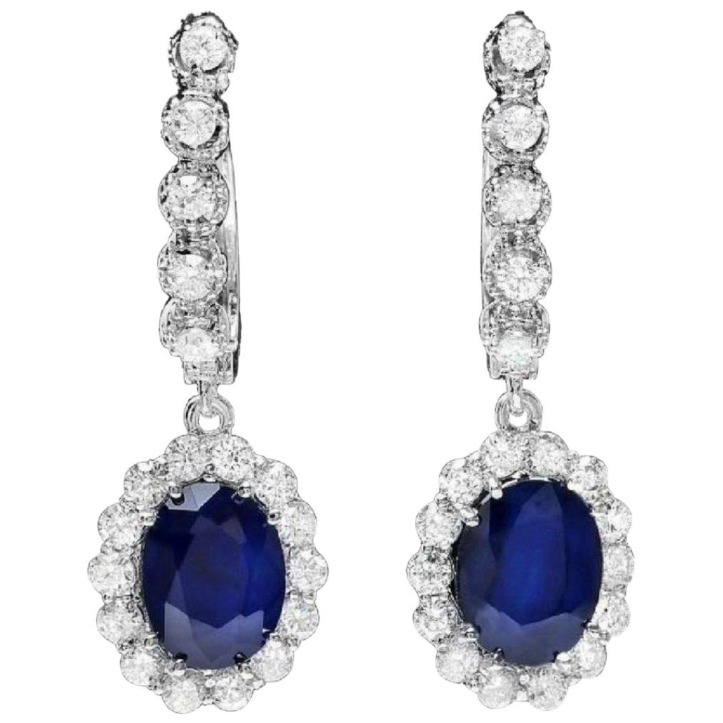 5.80 Carat Natural Sapphire and Diamond 14 Karat Solid White Gold Earrings For Sale