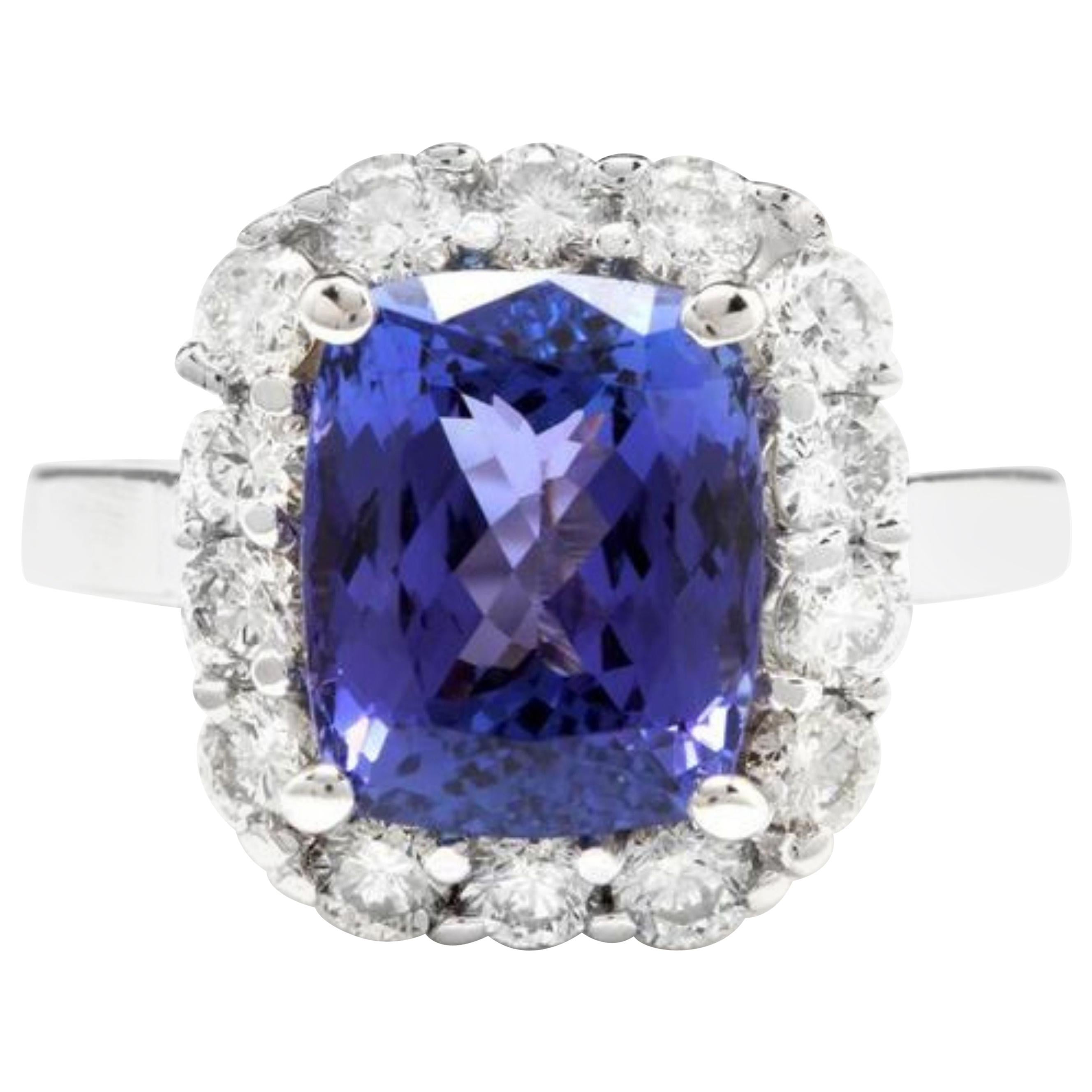 5.80 Carat Natural Tanzanite and Diamond 14 Karat Solid White Gold Ring For Sale