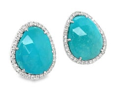 5.80 Carat Rose Cut Turquoise and Diamond Stud Earrings