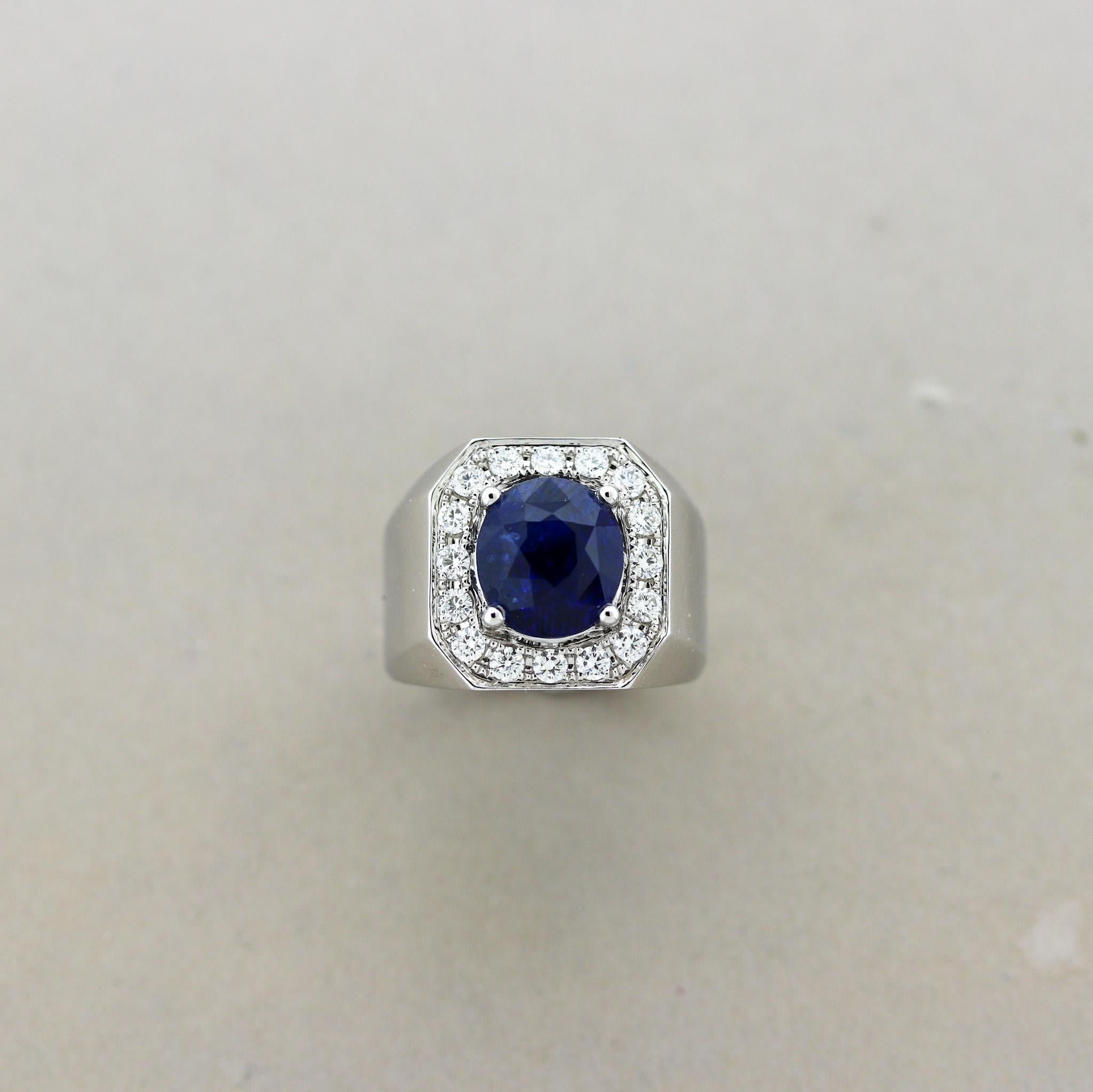 5.80 Carat Royal Blue Sapphire Diamond Gold Ring, Unisex 'Certified' In New Condition For Sale In Beverly Hills, CA
