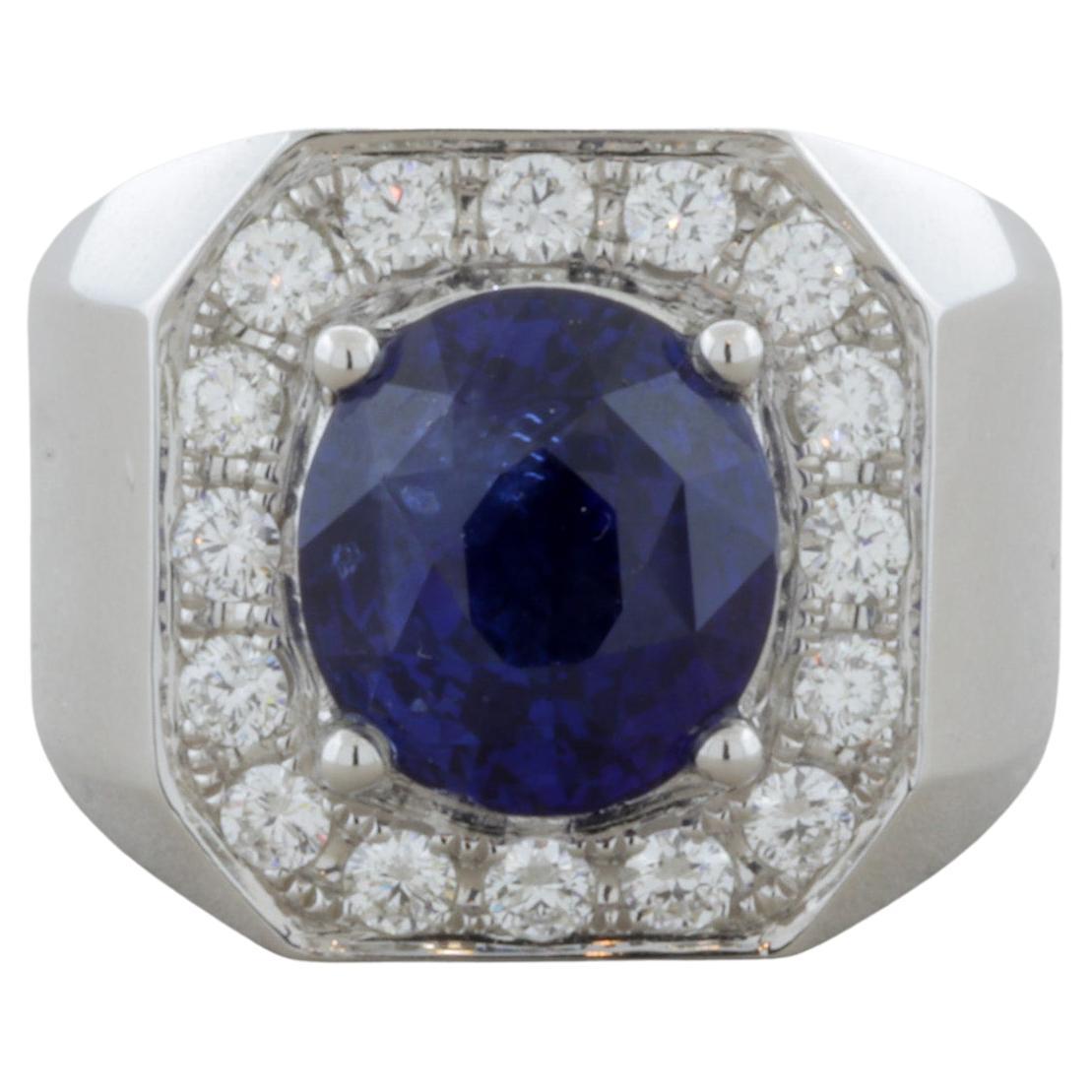 5.80 Carat Royal Blue Sapphire Diamond Gold Ring, Unisex 'Certified' For Sale