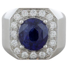 Bague unisexe certifiée en or avec saphir bleu royal de 5,80 carats et diamants