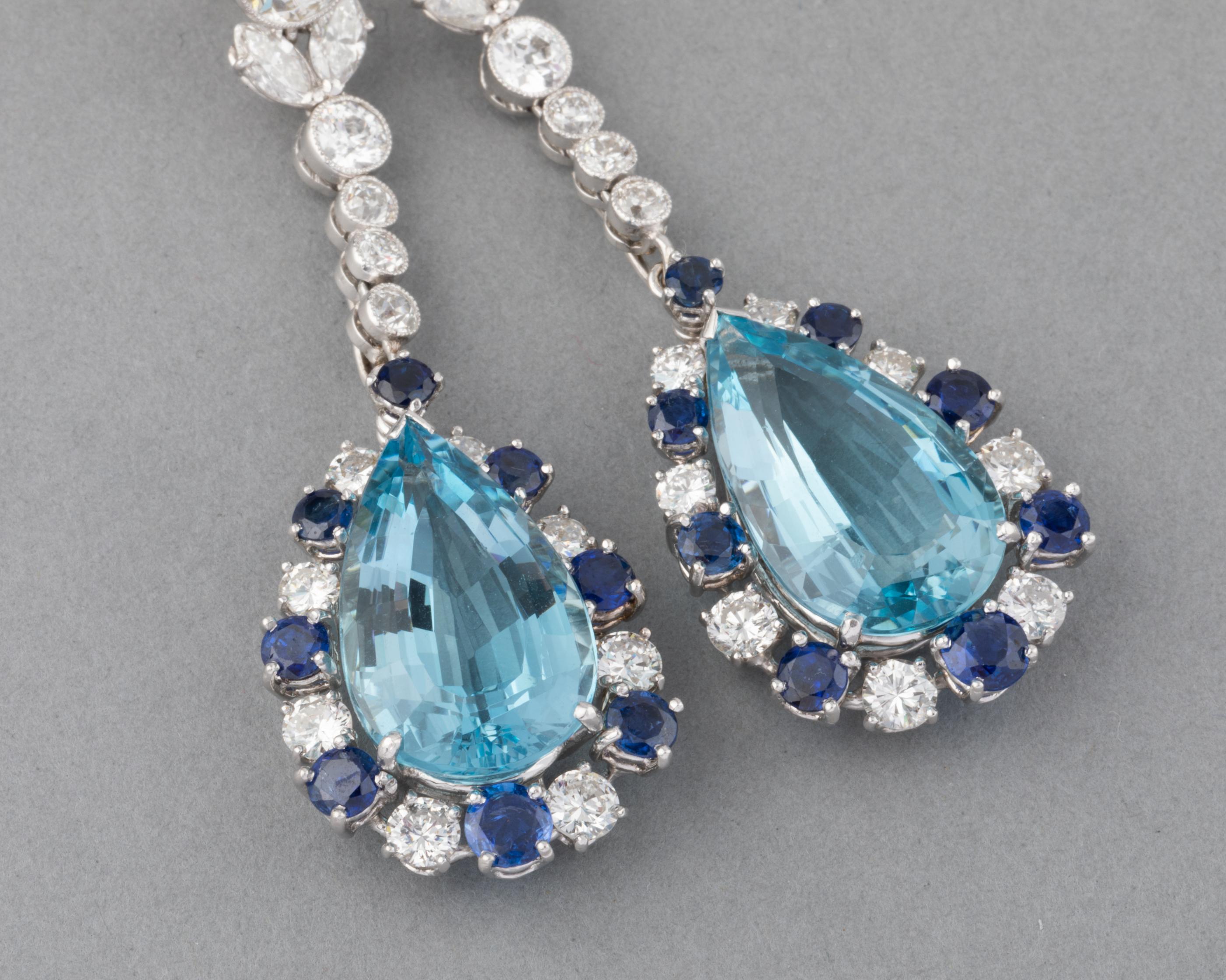 Round Cut 5.80 Carats Diamonds Sapphires and 18 Carats Aquamarines French Vintage Earrings For Sale