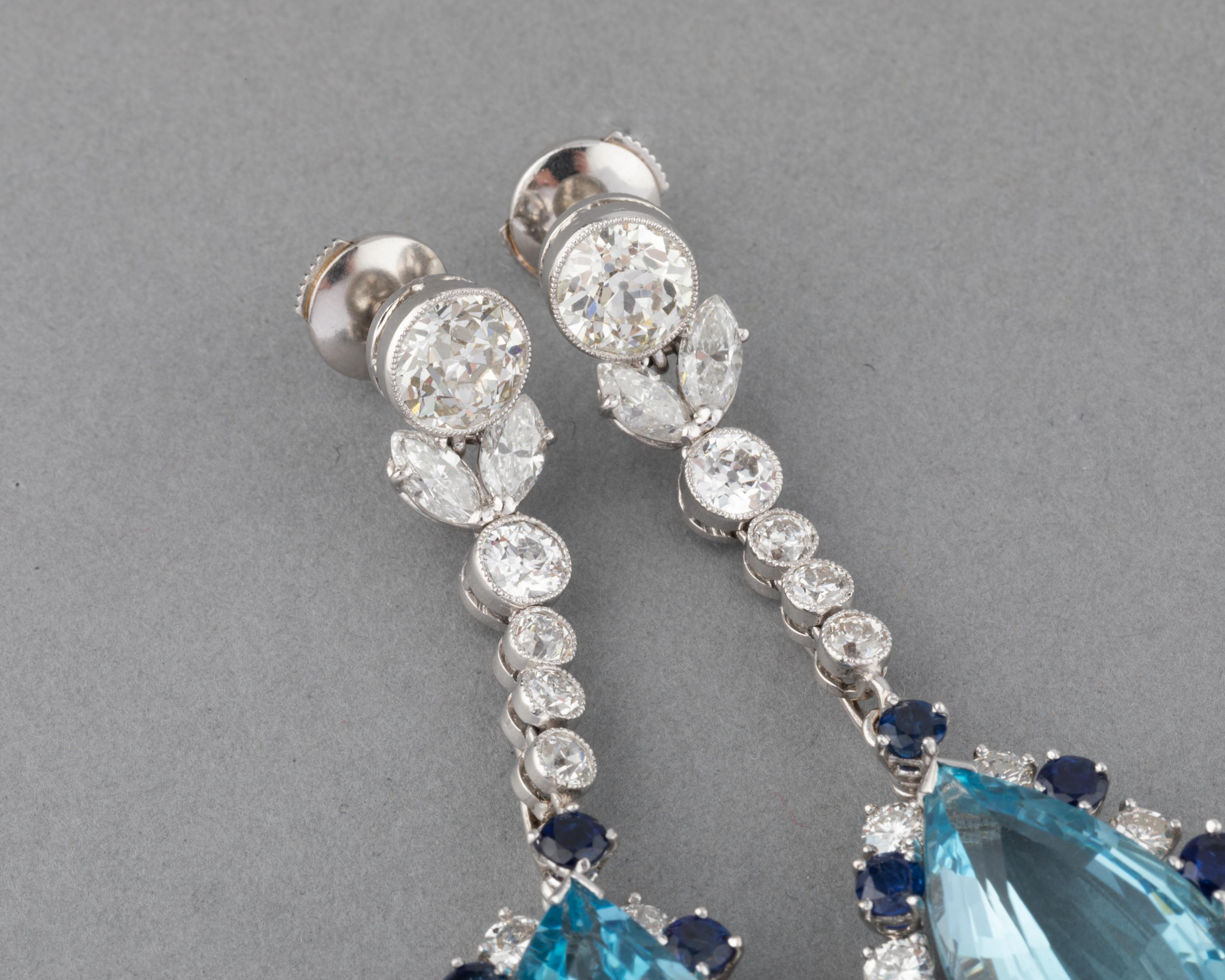 5.80 Carats Diamonds Sapphires and 18 Carats Aquamarines French Vintage Earrings In Good Condition For Sale In Saint-Ouen, FR