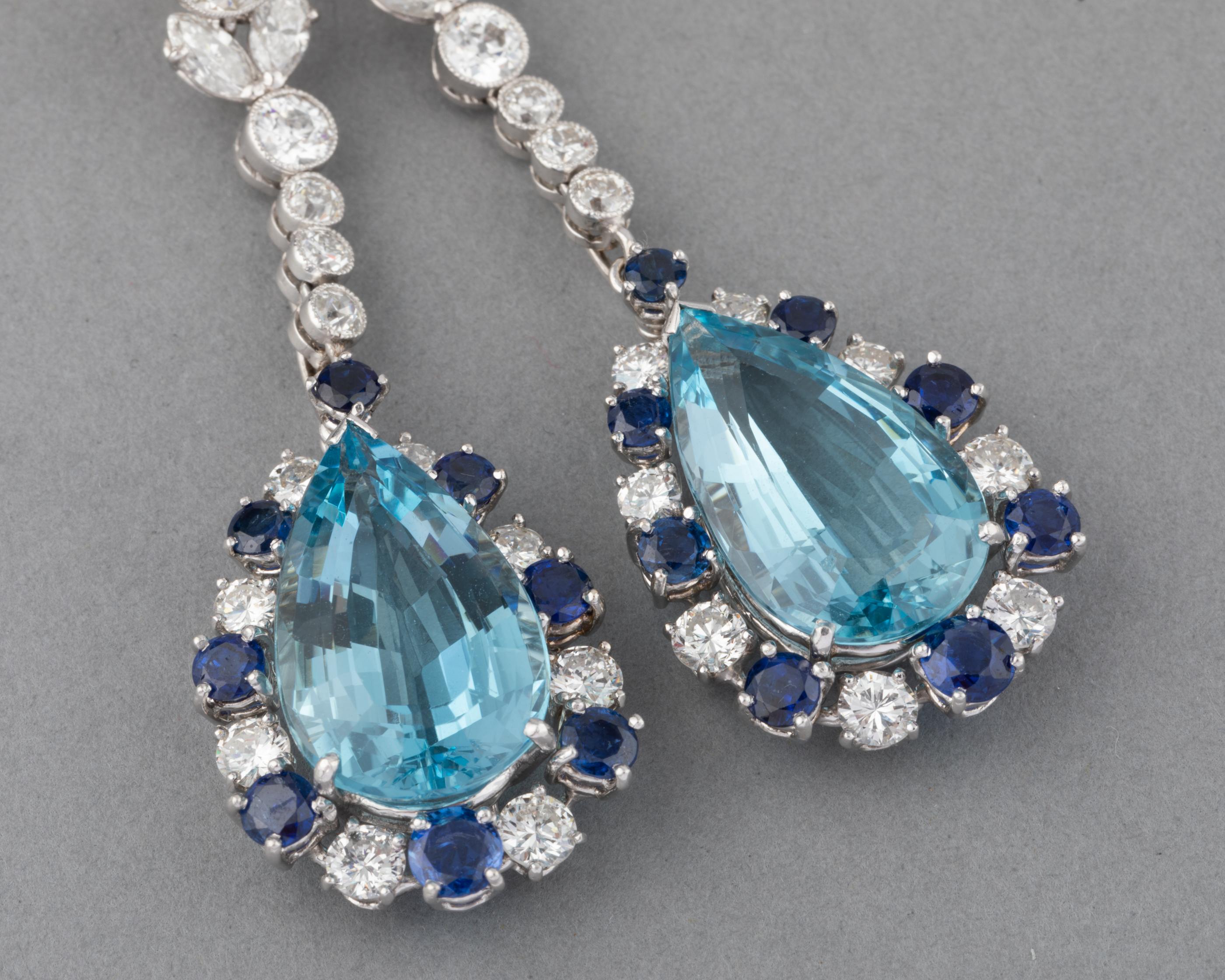 Women's 5.80 Carats Diamonds Sapphires and 18 Carats Aquamarines French Vintage Earrings For Sale