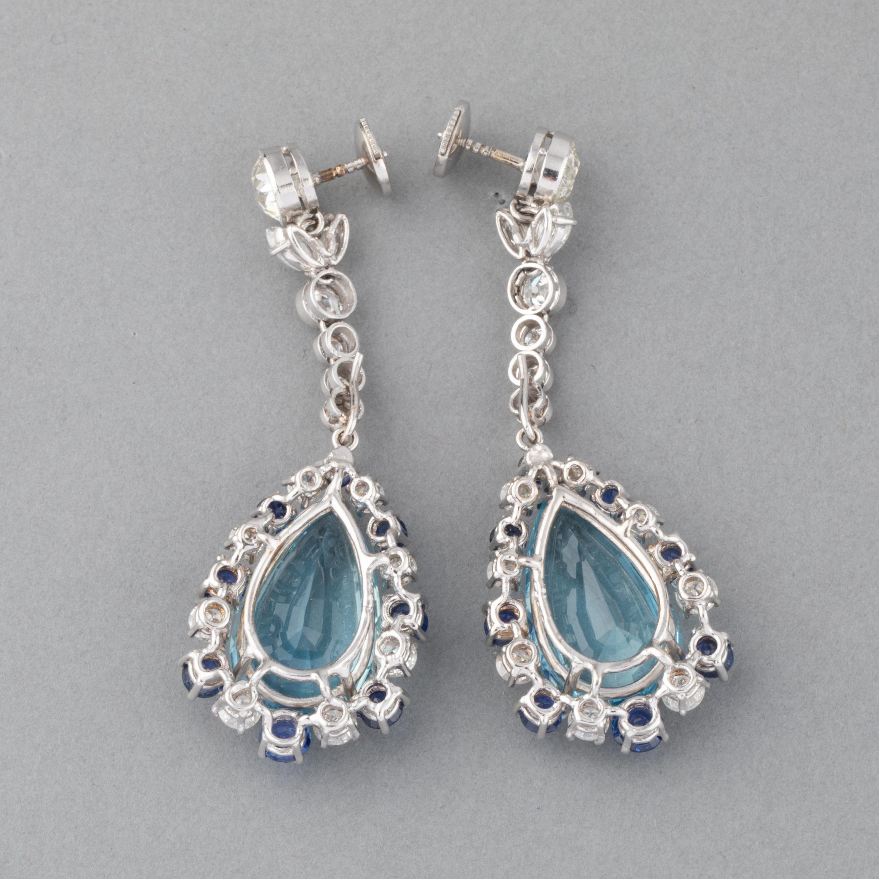 5.80 Carats Diamonds Sapphires and 18 Carats Aquamarines French Vintage Earrings For Sale 1