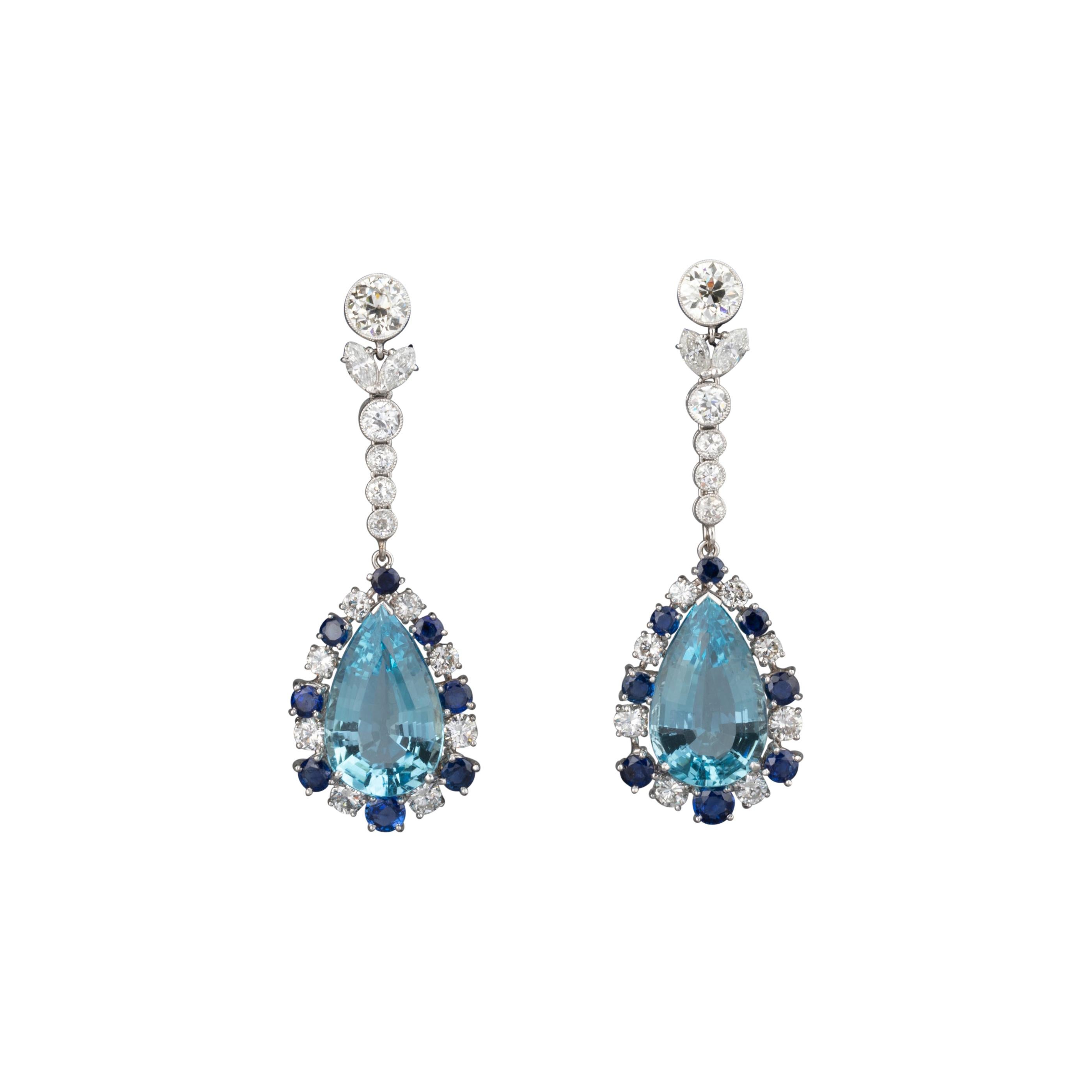 5.80 Carats Diamonds Sapphires and 18 Carats Aquamarines French Vintage Earrings For Sale