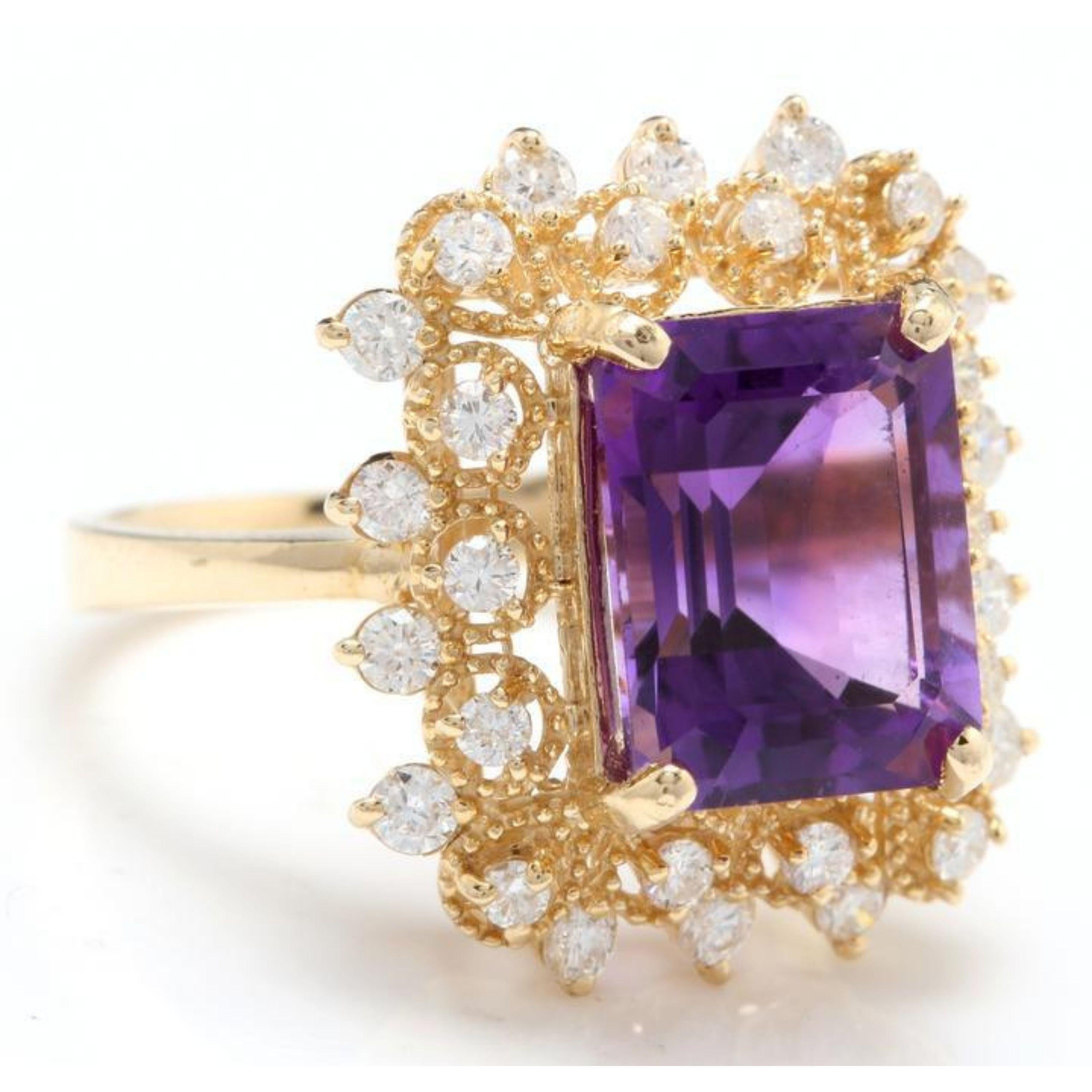 5.80 Carats Impressive Natural Amethyst and Diamond 14K Solid Yellow Gold Ring

Total Amethyst Weight is: Approx. 5.00 Carats

Amethyst Measures: Approx. 11.00 x 9.00mm

Natural Round Diamonds Weight: Approx. 0.80 Carats (color G-H / Clarity