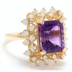 5,80 Karat beeindruckender Ring mit natürlichem Amethyst und Diamant aus 14 Karat massivem Gold