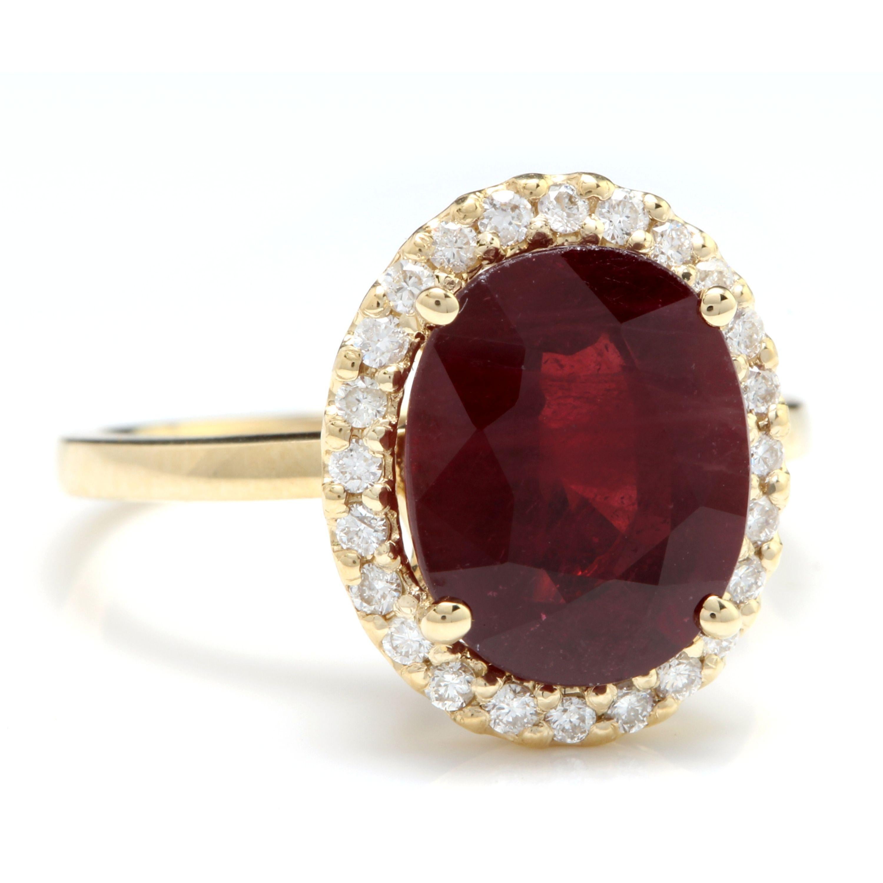 5.80 Carats Impressive Red Ruby and Natural Diamond 14K Yellow Gold Ring

Total Red Ruby Weight is Approx. 5.50 Carats

Ruby Treatment: Lead Glass Filling

Ruby Measures: Approx. 11.00 x 9.00mm

Natural Round Diamonds Weight: Approx. 0.30 Carats