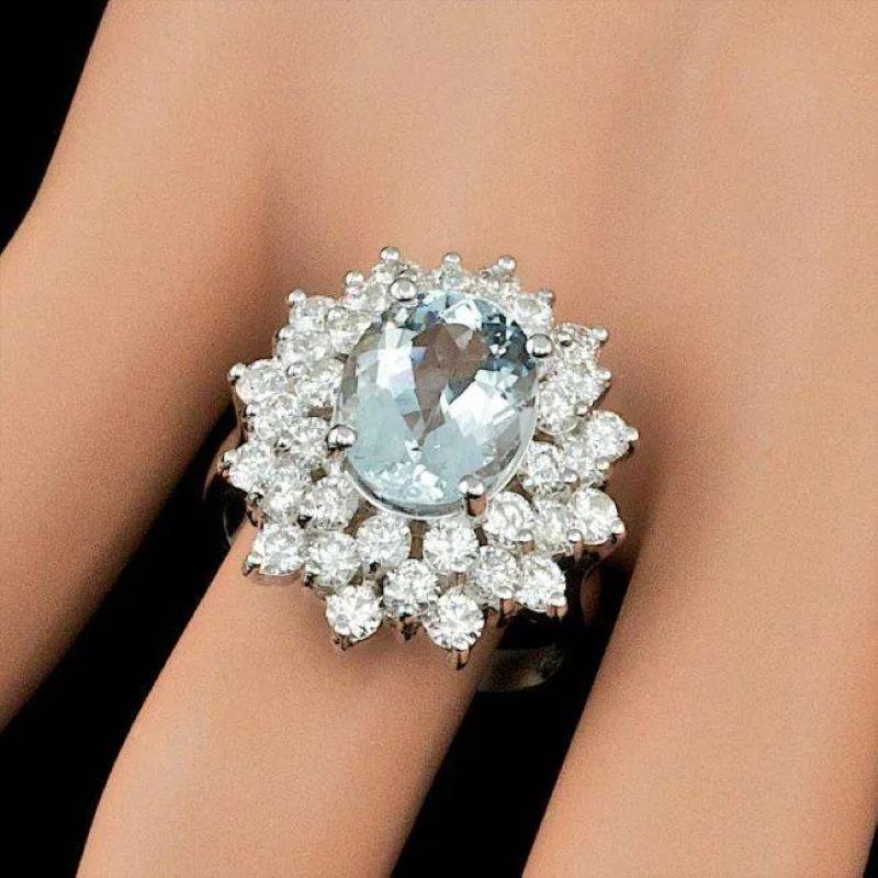 Ring aus 14 Karat massivem Weißgold mit 5,80 Karat natürlichem Aquamarin und Diamant (Gemischter Schliff) im Angebot