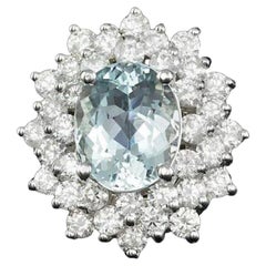 5.80 Carats Natural Aquamarine and Diamond 14K Solid White Gold Ring
