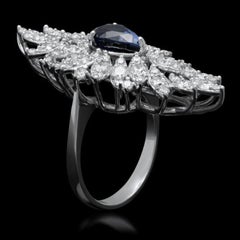5.80 Carats Natural Blue Sapphire and Diamond 14K Solid White Gold Ring