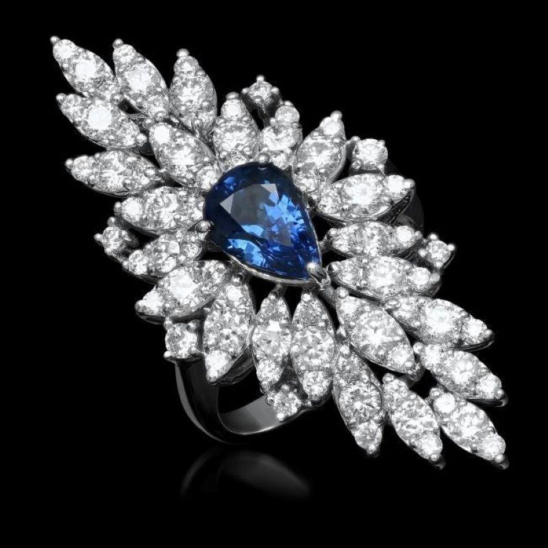 Anillo de oro blanco macizo de 14 quilates con zafiro azul natural y diamante de 5,80 quilates Corte mixto en venta