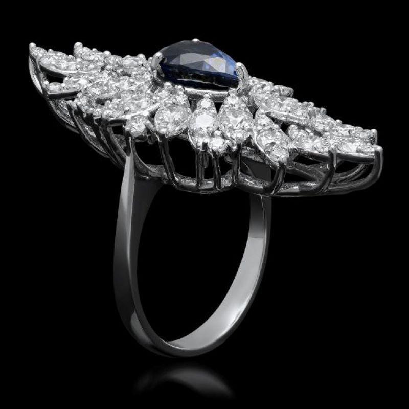 5.80 Carats Natural Blue Sapphire and Diamond 14K Solid White Gold Ring In New Condition For Sale In Los Angeles, CA