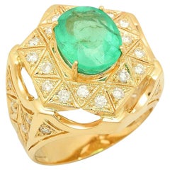 14 Karat massiver Gelbgold Ring mit 5,80 Karat natürlichem Smaragd und Diamant