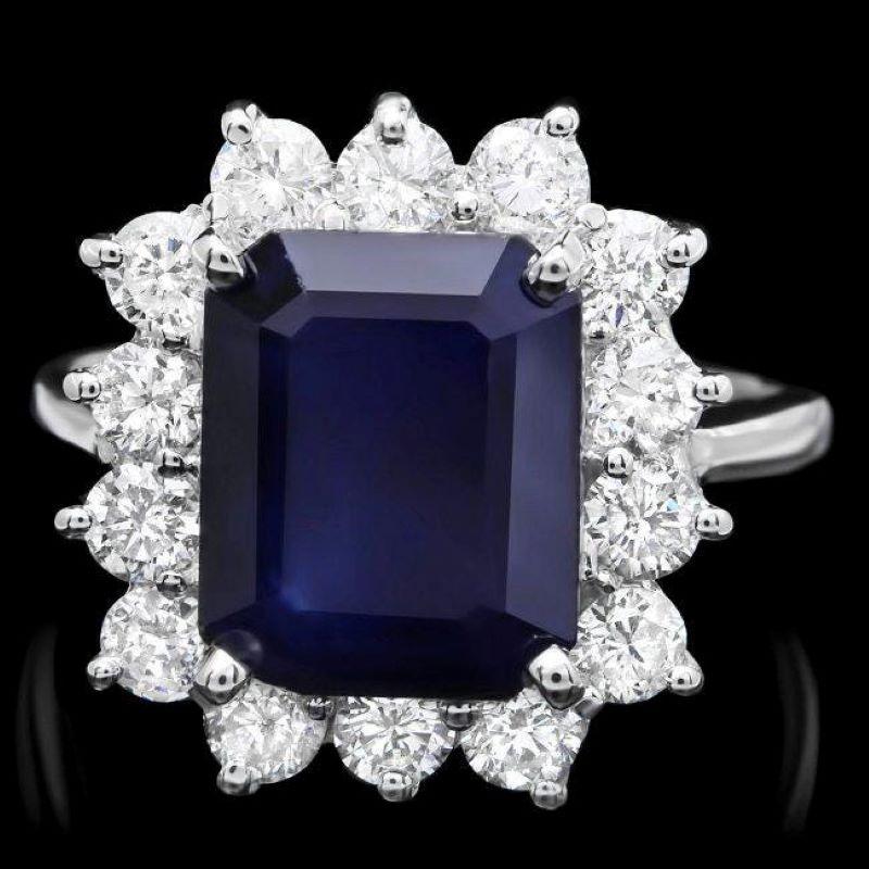 Mixed Cut 5.80 Carats Natural Sapphire and Diamond 14k Solid White Gold Ring For Sale