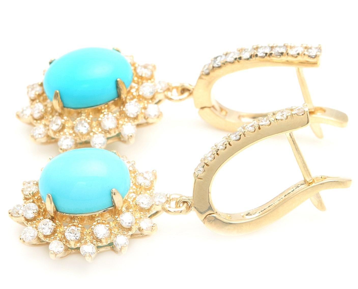 5.80 Carats Natural Turquoise and Diamond 14K Solid Yellow Gold Earrings

Amazing looking piece! 

Suggested Replacement Value: $6,900.00

Total Natural Round Cut White Diamonds Weight: Approx. 1.60 Carats (color G-H / Clarity SI1-SI2)

Total