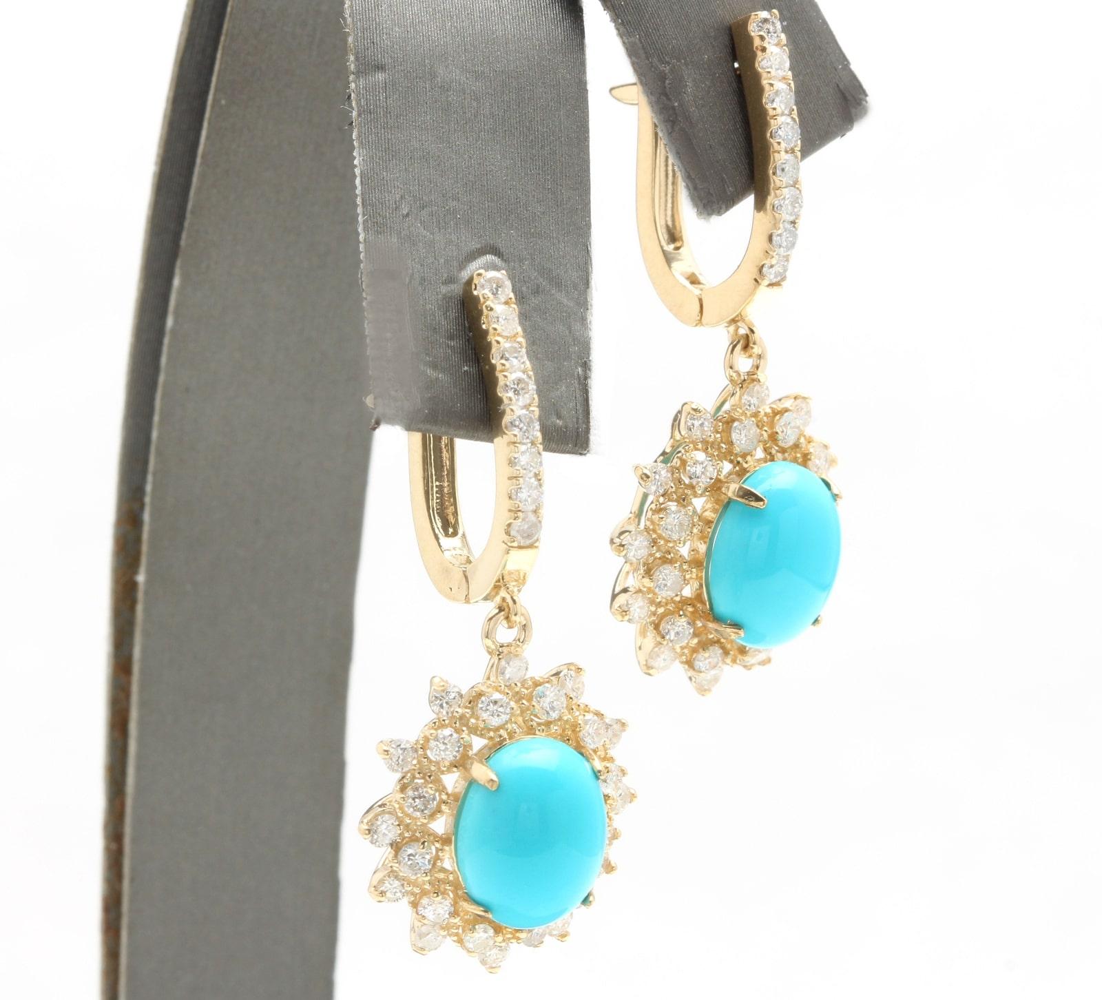Mixed Cut 5.80 Carats Natural Turquoise and Diamond 14K Solid Yellow Gold Earrings For Sale