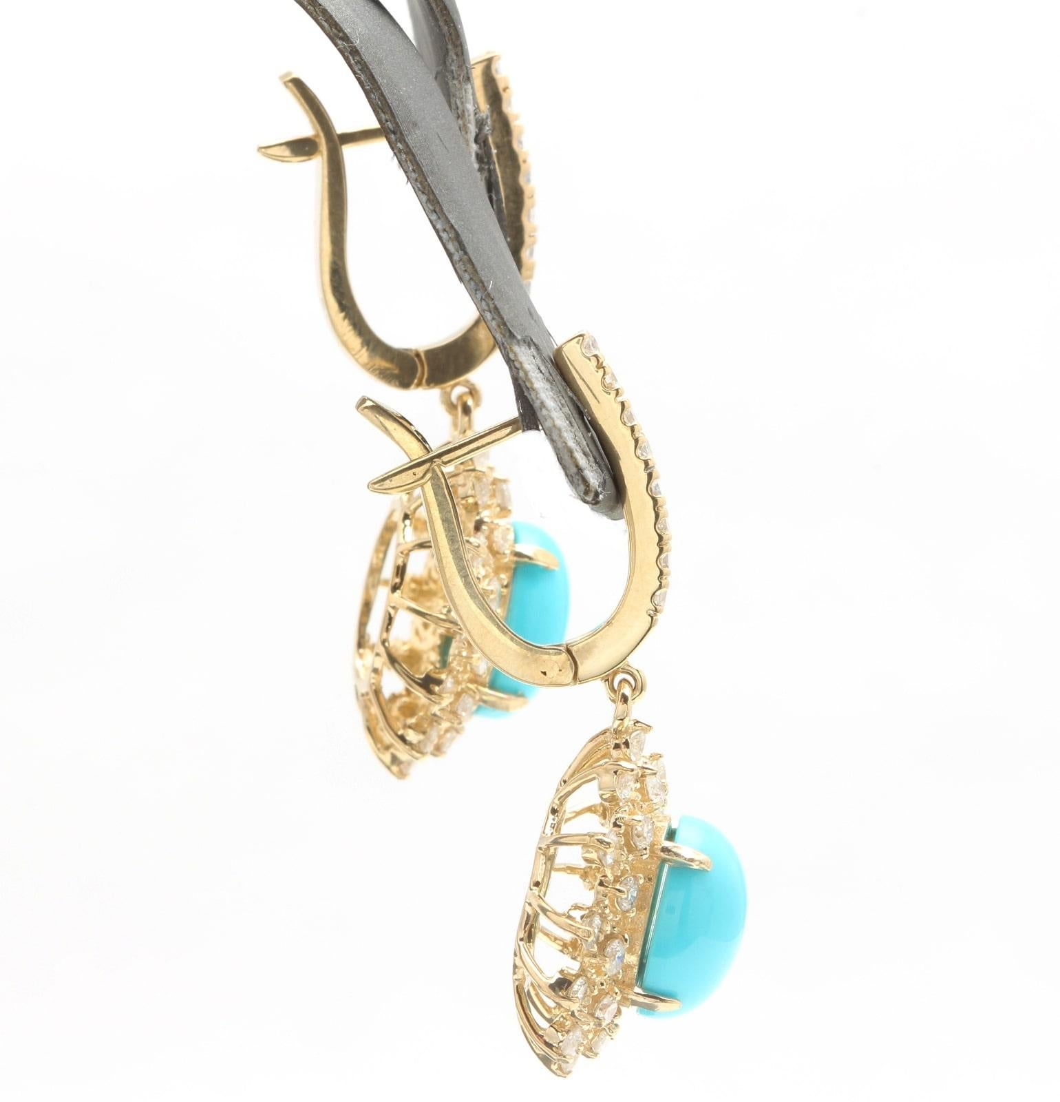 5.80 Carats Natural Turquoise and Diamond 14K Solid Yellow Gold Earrings In New Condition For Sale In Los Angeles, CA