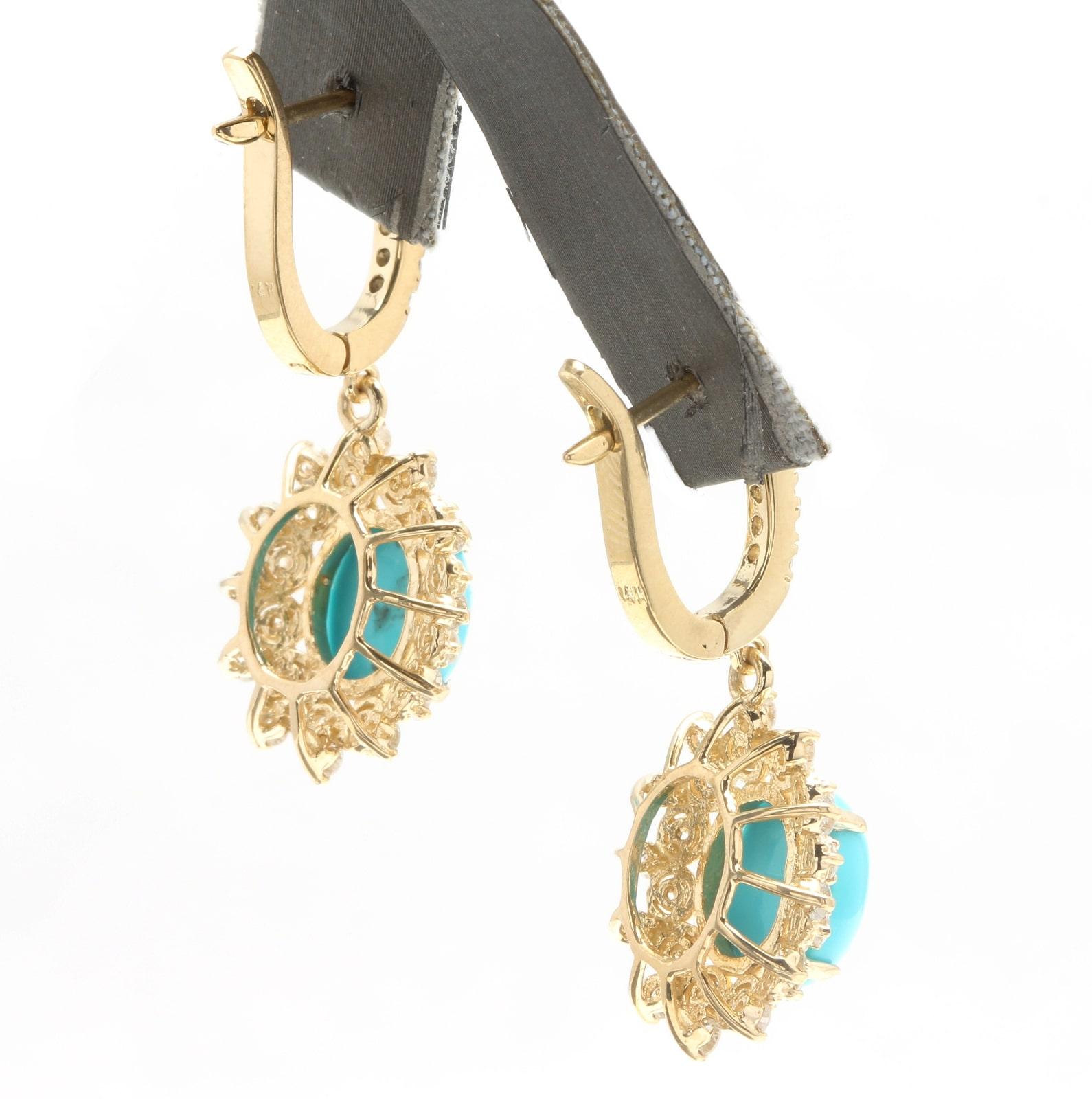 Women's 5.80 Carats Natural Turquoise and Diamond 14K Solid Yellow Gold Earrings For Sale