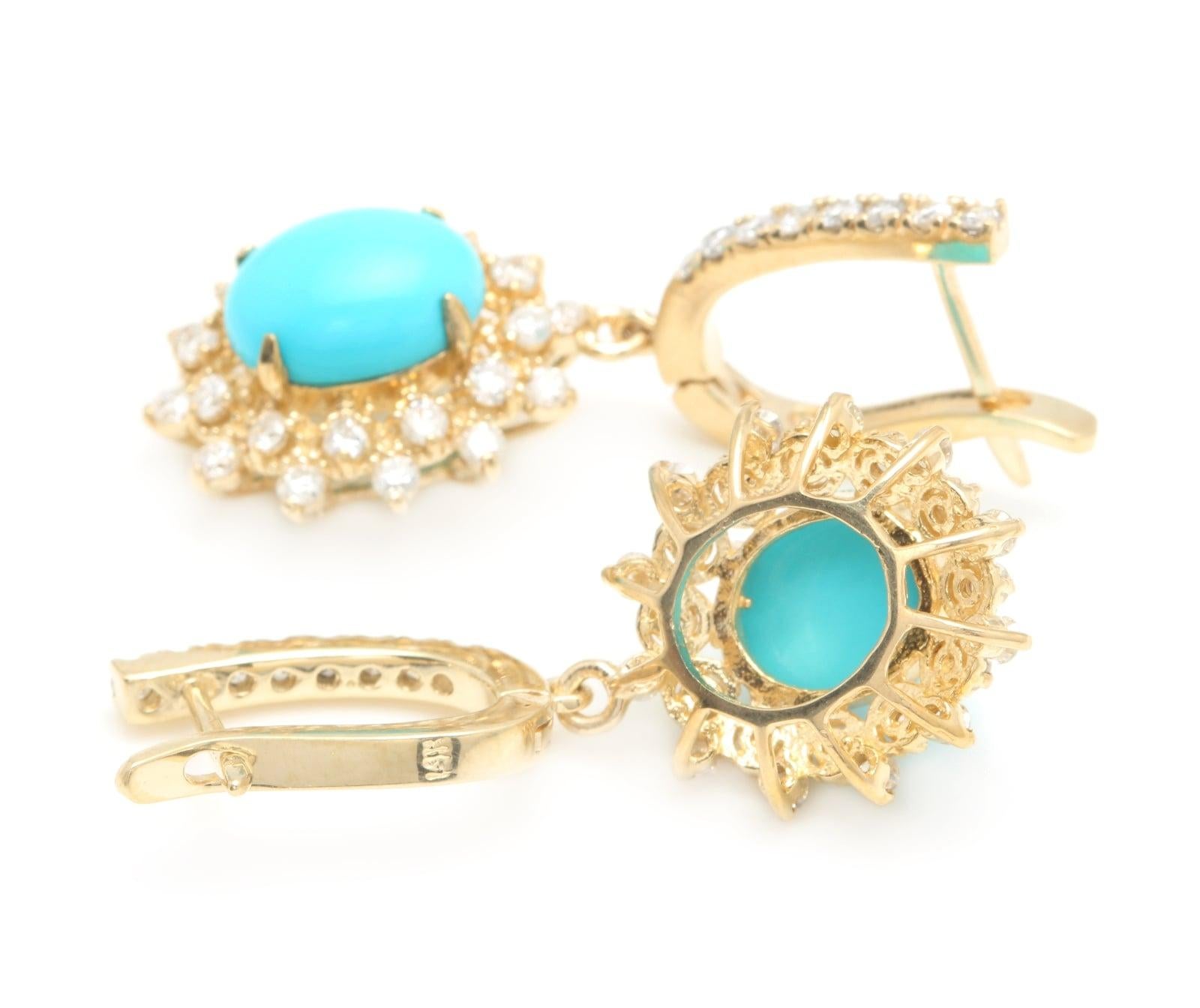 5.80 Carats Natural Turquoise and Diamond 14K Solid Yellow Gold Earrings For Sale 1