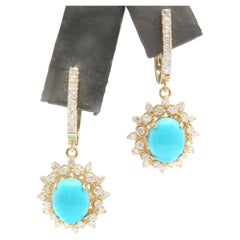 5.80 Carats Natural Turquoise and Diamond 14K Solid Yellow Gold Earrings