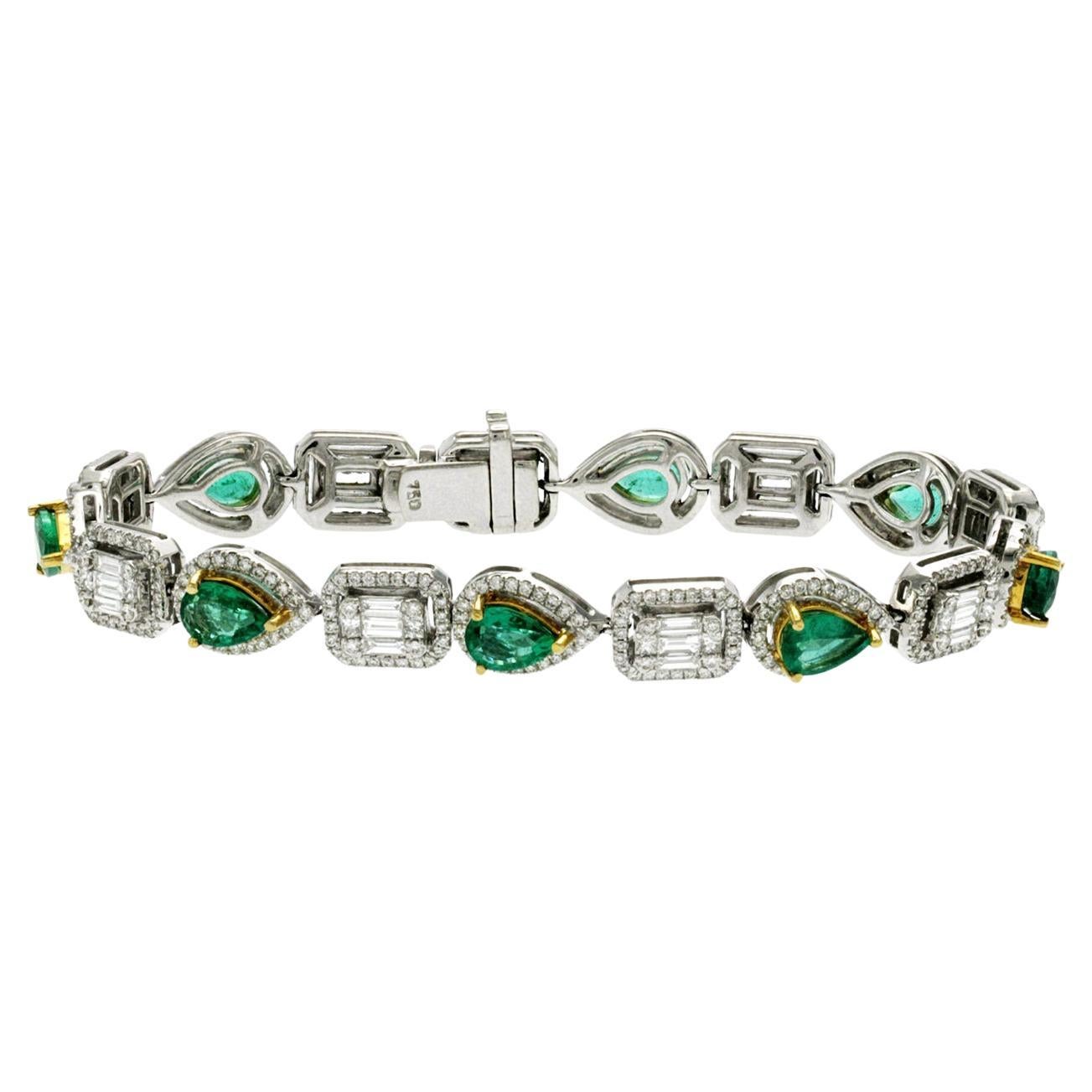 5.80 CT Natural Emerald & 4.58 CT Diamonds on 18K White Gold Bracelet