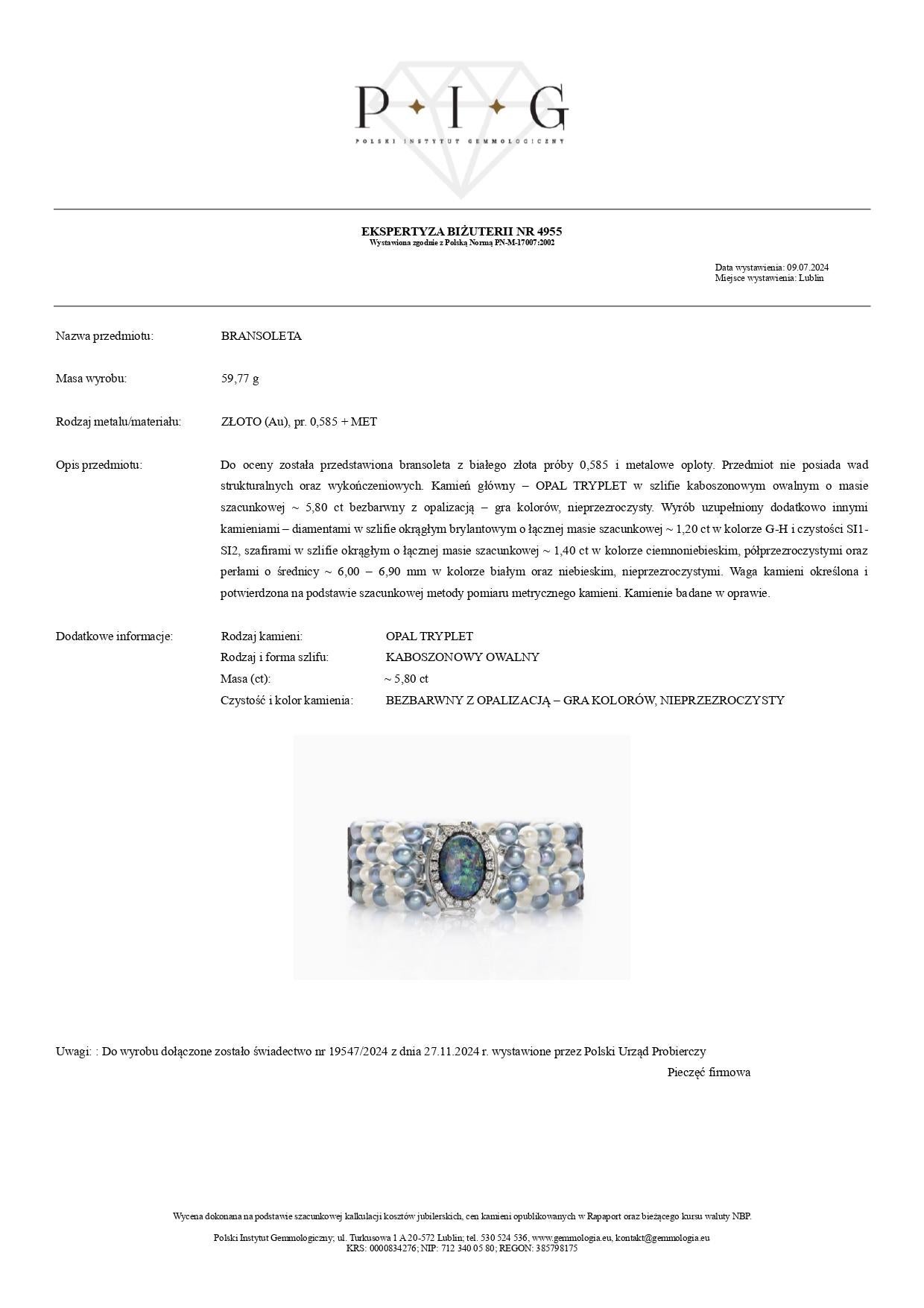 Pulsera de ópalo de 5,80 quilates, diamante de 1,20 quilates, zafiro de 1,40 quilates y perla en oro blanco de 14 quilates Cabujón en venta