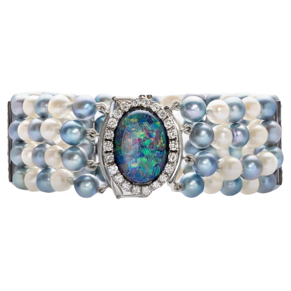 Pulsera de ópalo de 5,80 quilates, diamante de 1,20 quilates, zafiro de 1,40 quilates y perla en oro blanco de 14 quilates en venta