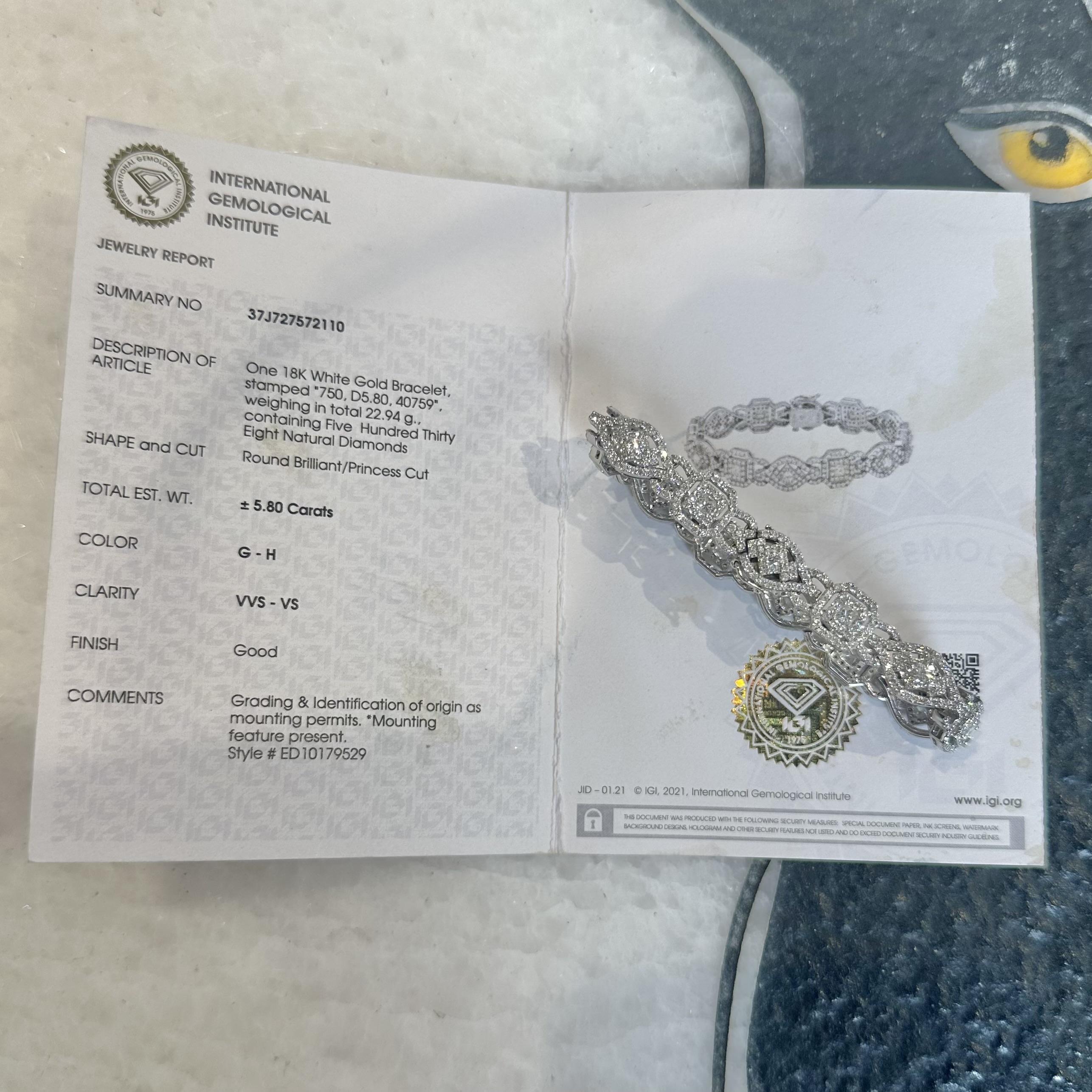 Round Cut 5.80 TCW Round and Princess Cut Diamond Link Bracelet in White Gold, IGI Cert