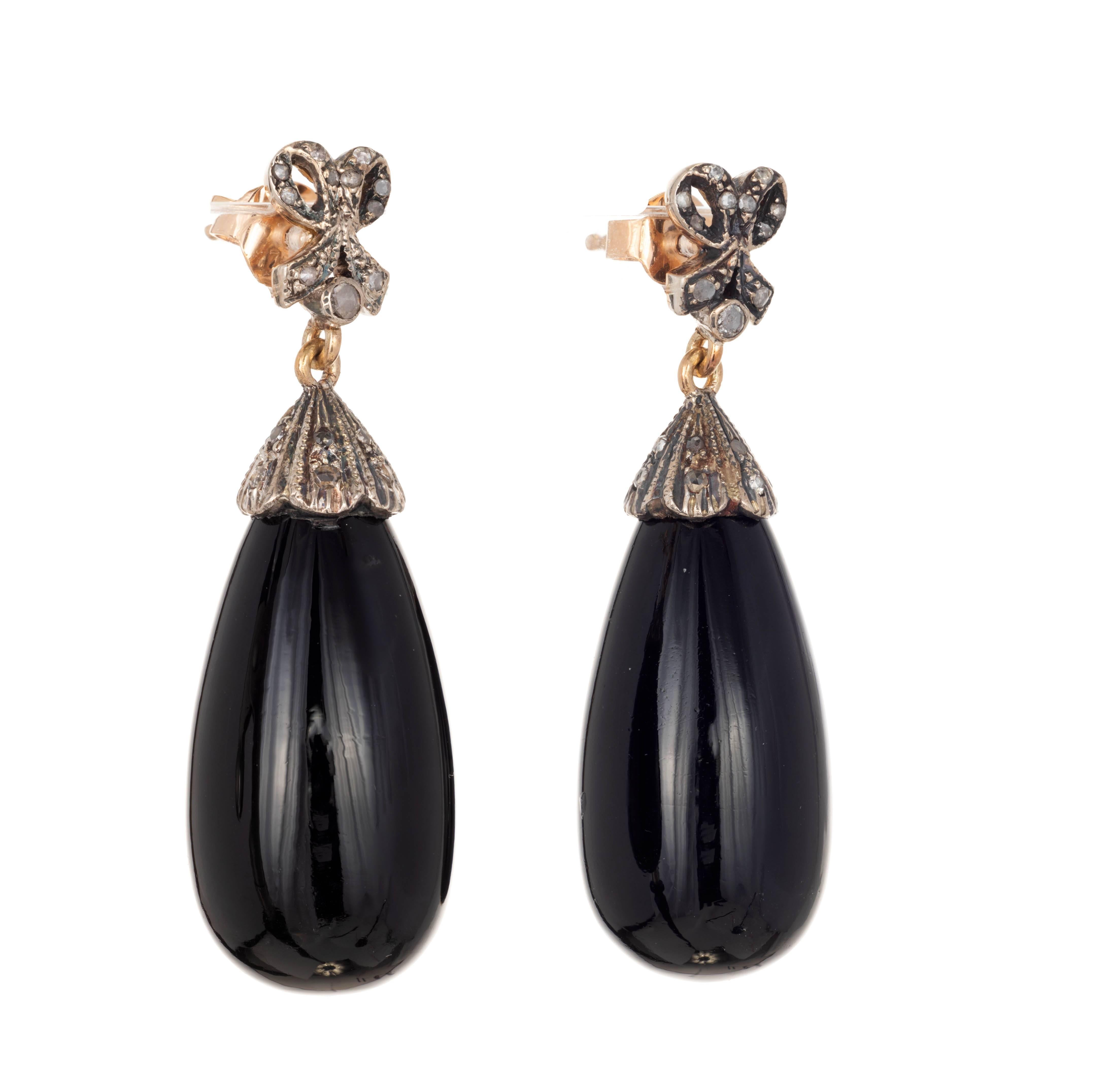 Pear Cut 58.00 Carat Black Onyx Diamond Silver Rose Gold Dangle Earrings For Sale