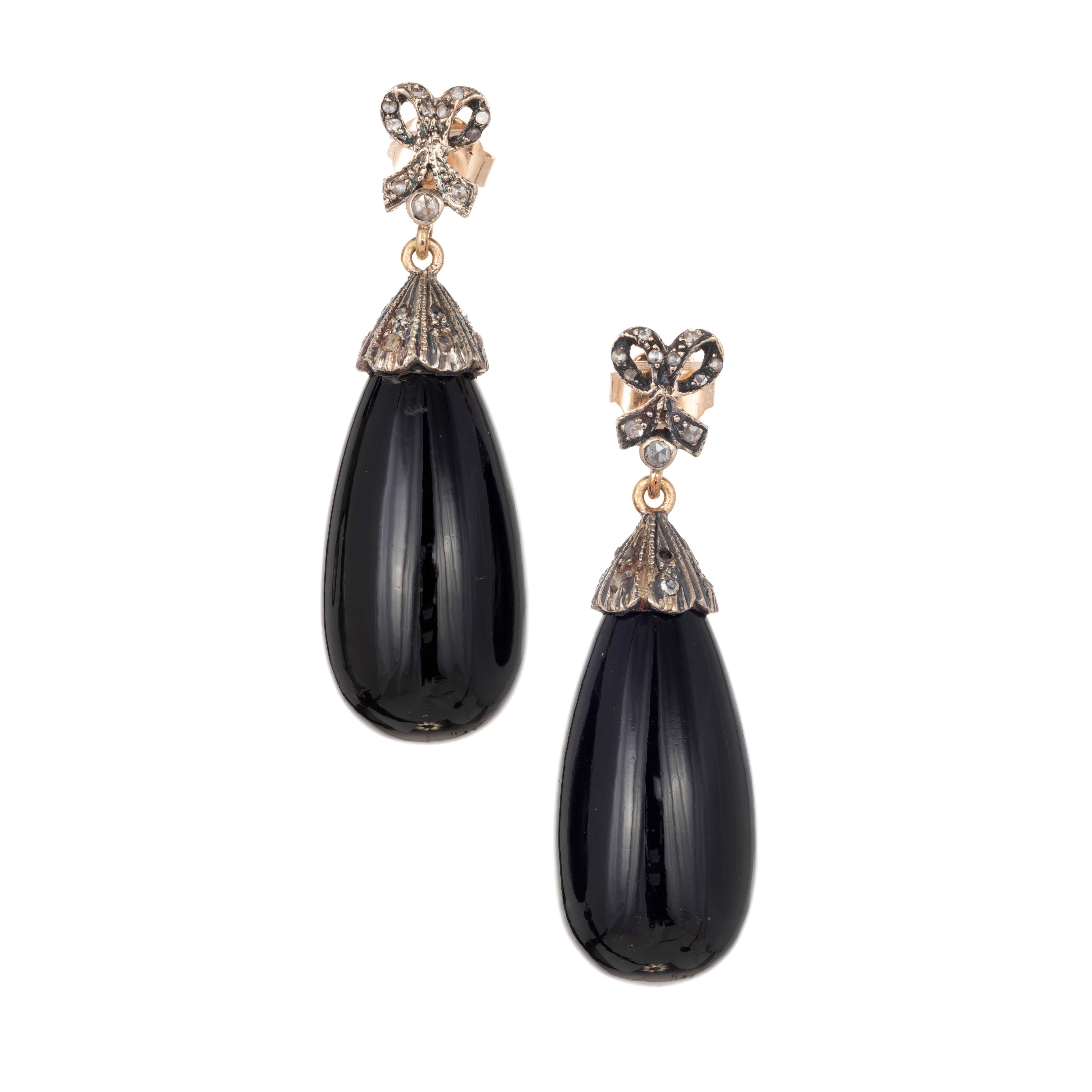 58.00 Carat Black Onyx Diamond Silver Rose Gold Dangle Earrings For Sale