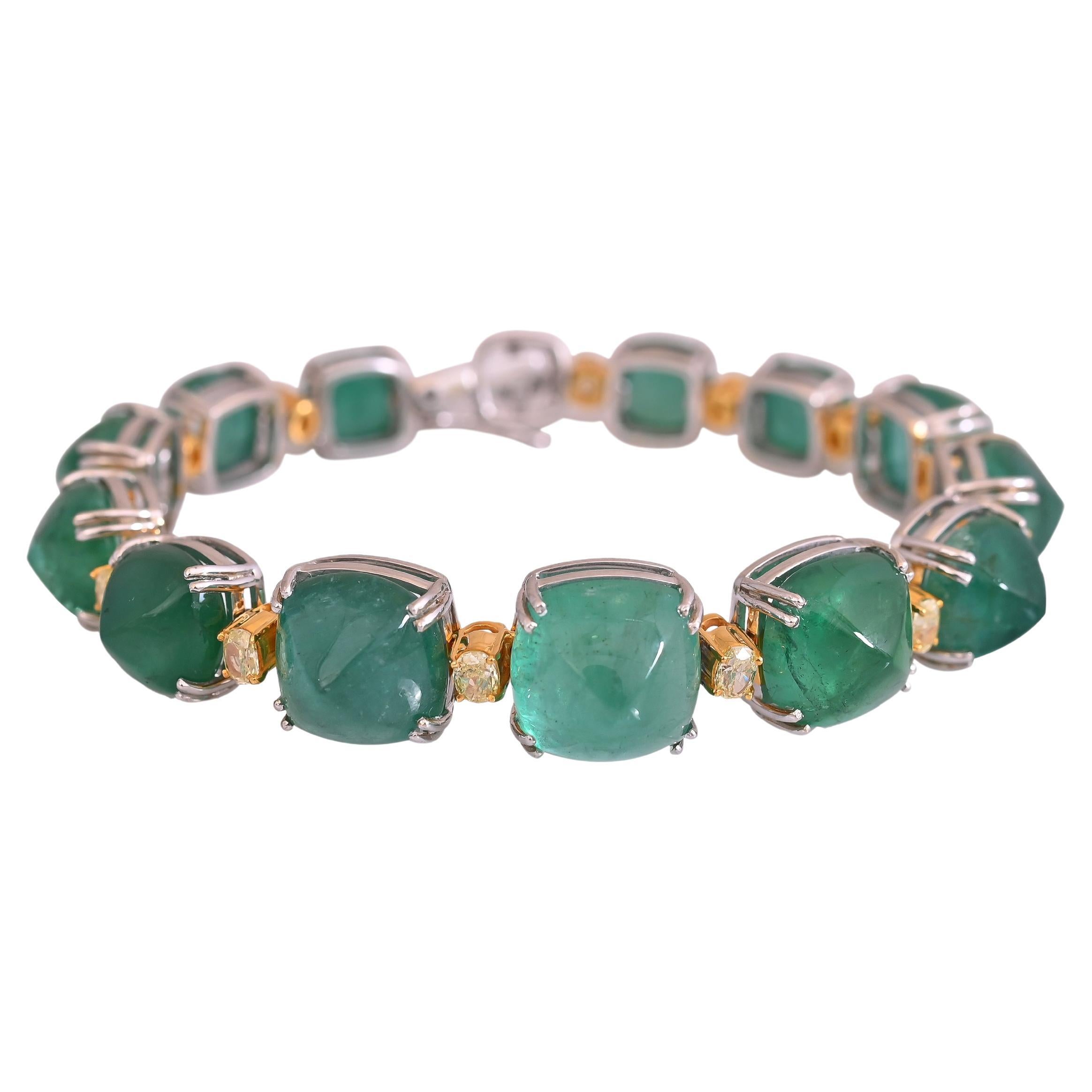 58.07 Carats, Natural Zambian Sugarloaf Emerald & Yellow Diamonds Link Bracelet For Sale