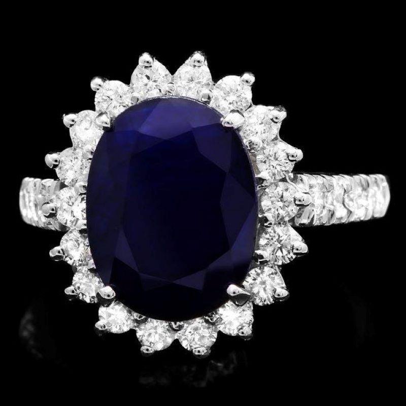 Mixed Cut 5.80ct Natural Blue Sapphire & Diamond 14k Solid White Gold Ring For Sale