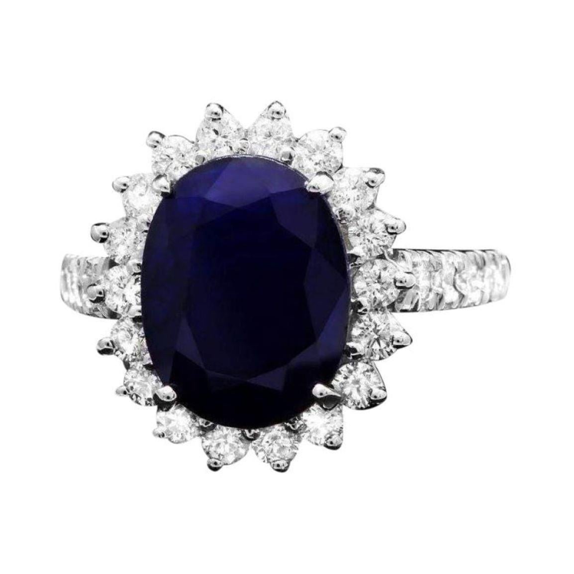 5.80ct Natural Blue Sapphire & Diamond 14k Solid White Gold Ring For Sale