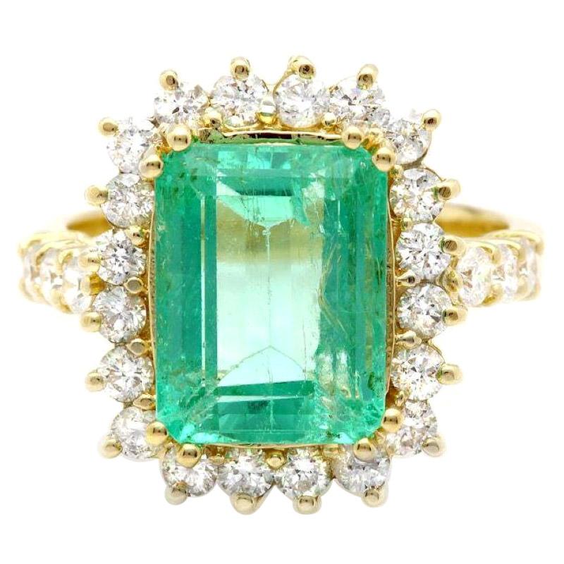 5.80ct Natural Emerald & Diamond 18k Solid Yellow Gold Ring For Sale
