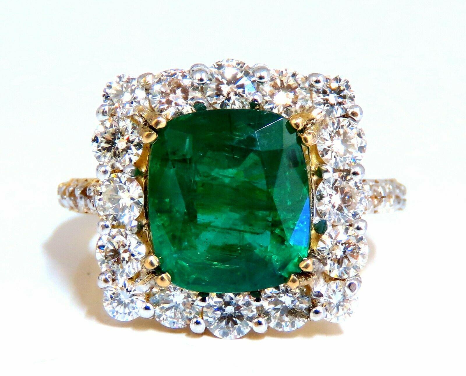 Emerald Cut 5.80 Carat Natural Emerald Diamonds Squared Halo Cluster Ring 14 Karat For Sale