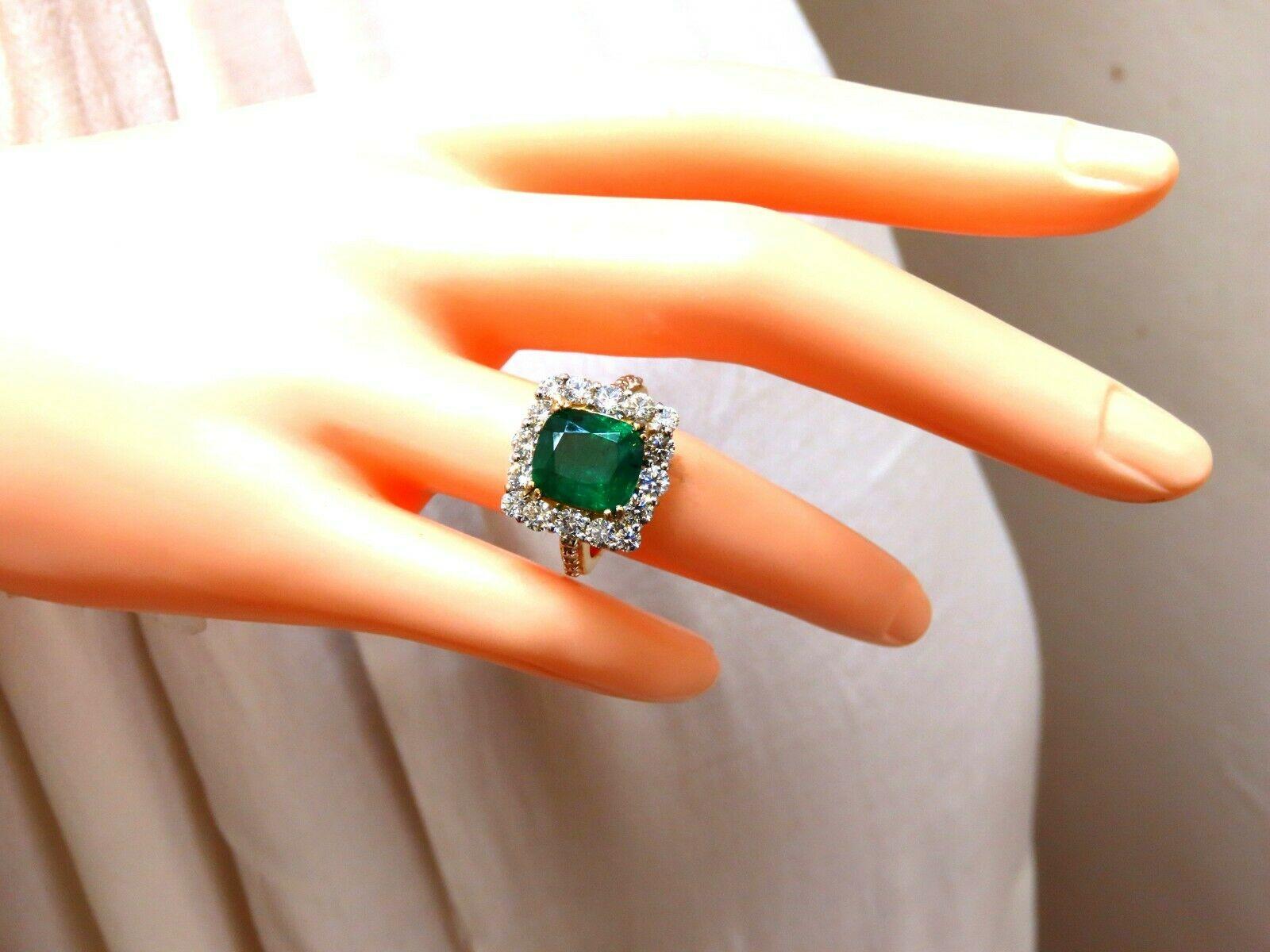 5.80 Carat Natural Emerald Diamonds Squared Halo Cluster Ring 14 Karat For Sale 2