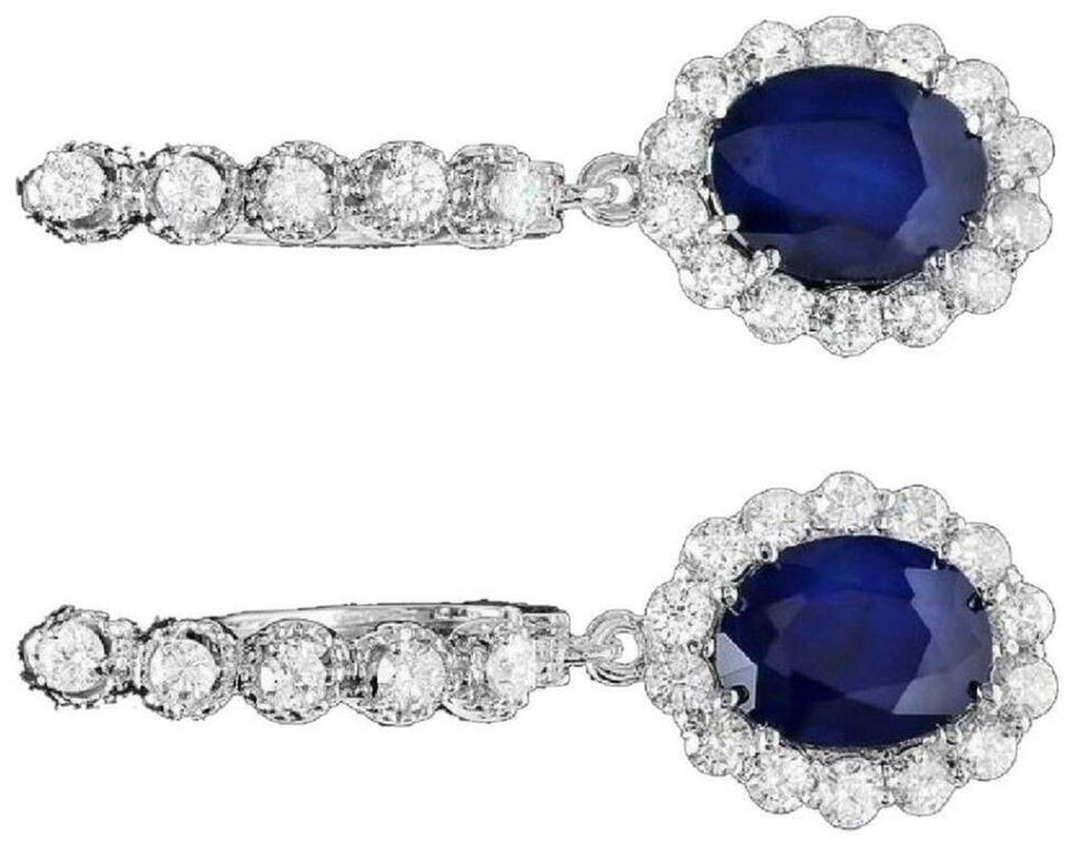 Oval Cut 5.80 Carat Natural Sapphire and Diamond 14 Karat Solid White Gold Earrings For Sale