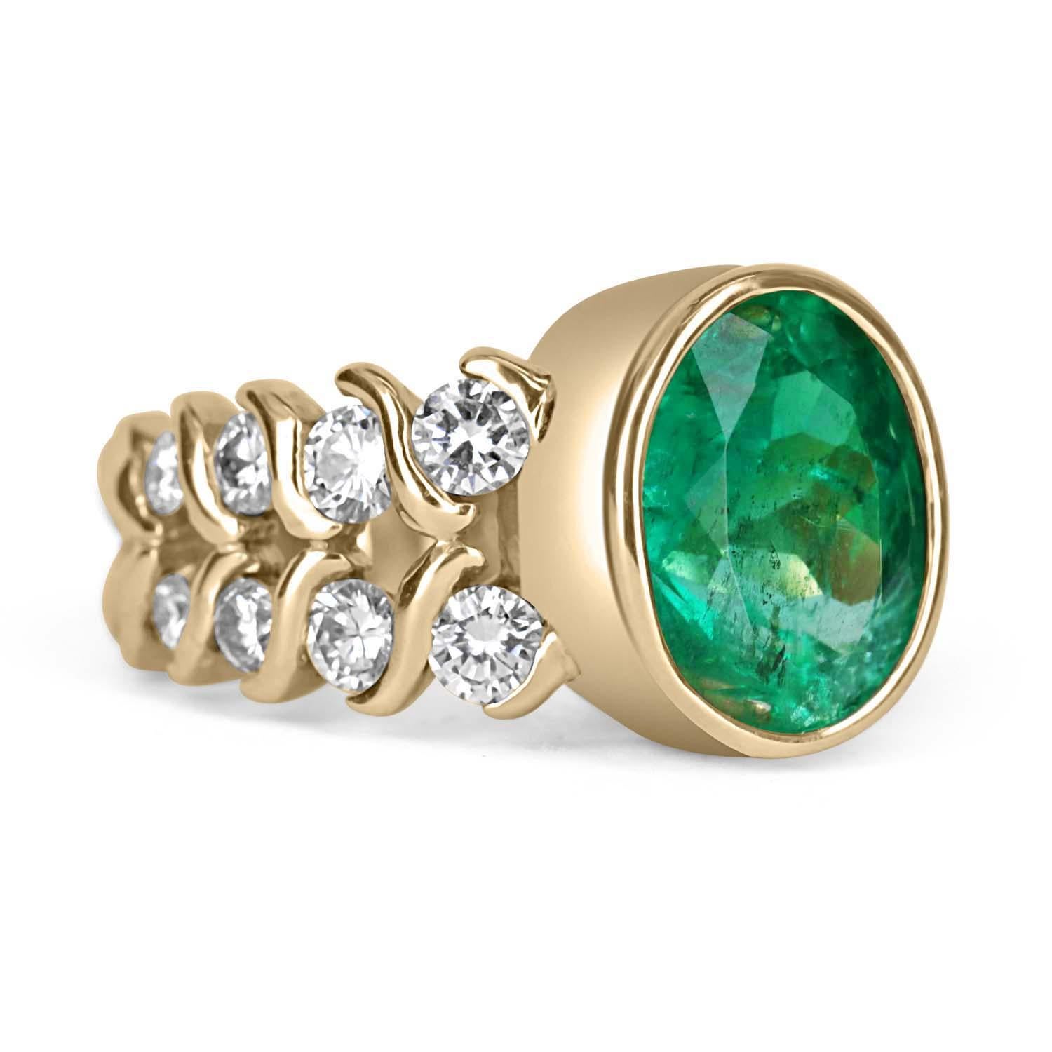 A magnificent, natural Oval Colombian emerald and diamond cocktail ring 14K. The dark-bright green oval Colombian emerald is bezel set and weighs an impressive 4.95-carats. The sublime dark-bright green color of the emerald is further enhanced by