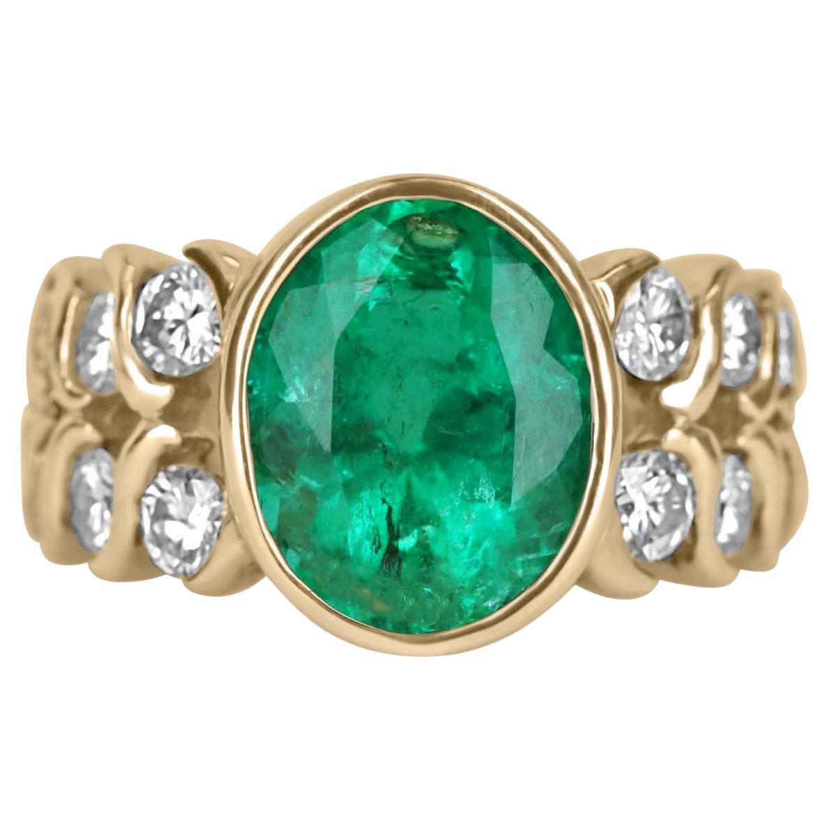 5.80tcw 14K Colombian Emerald Oval Cut & Diamond Band Accent Ring For Sale