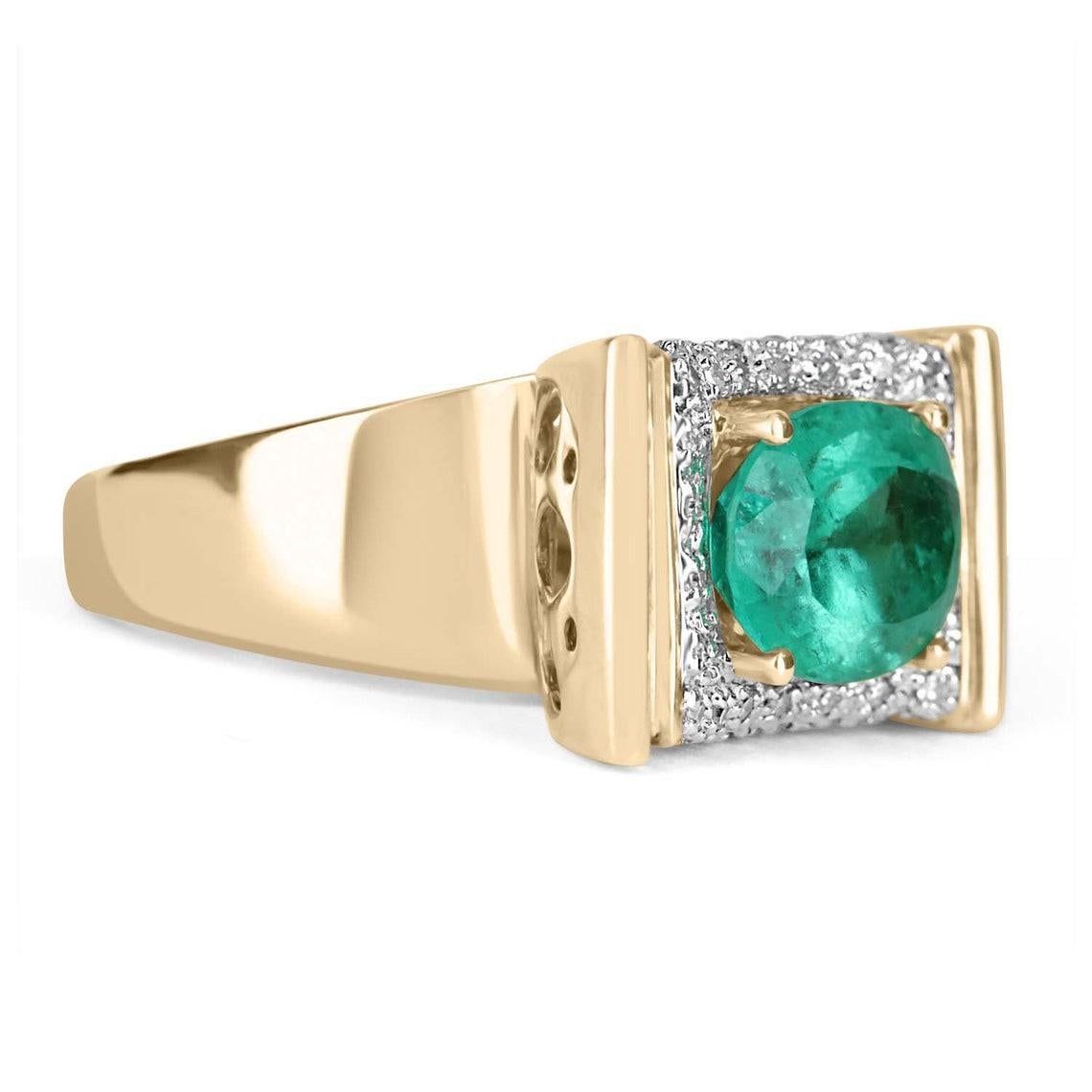 An East-to-West statement or right-hand retro ring was handcrafted and estimated around the vintage 1950s. Dexterously made in gleaming 14K gold this beautiful ring features a 5.60-carat natural Colombian emerald-oval cut. Set in a four-prong