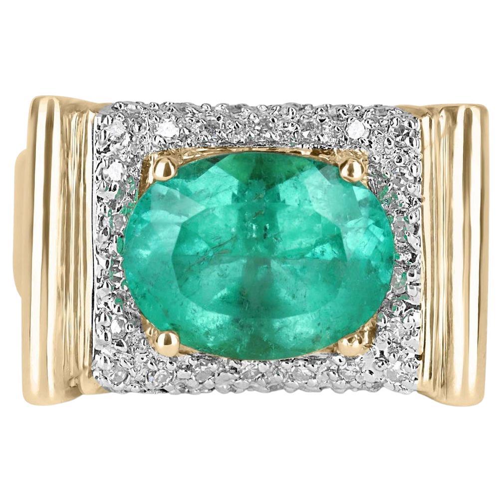 6.08tcw 14K Colombian Emerald-Oval Cut & Diamond East to West Gold Vintage Ring For Sale