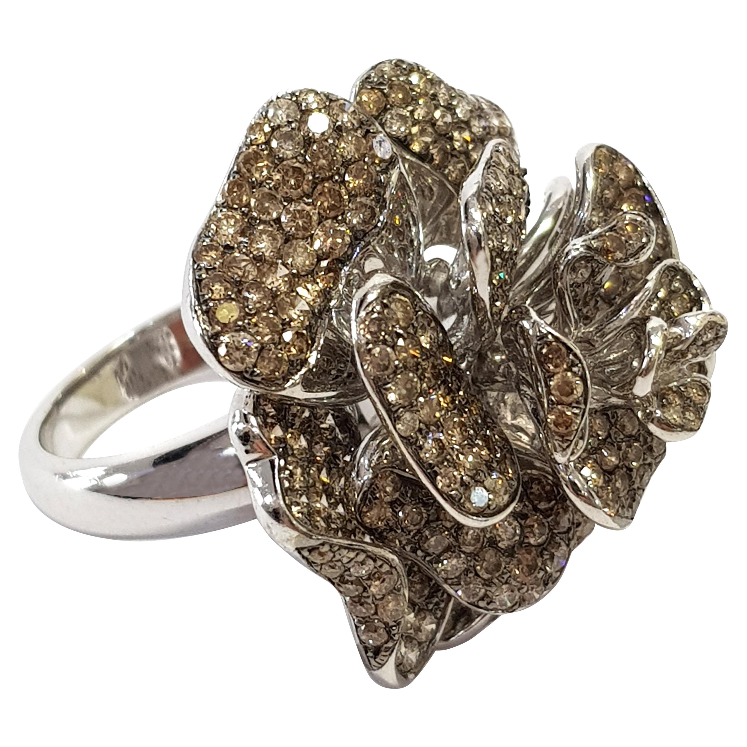 5.81 Carat Brown Diamond Flower Shape 18 Karat White Gold Band Cocktail Ring For Sale