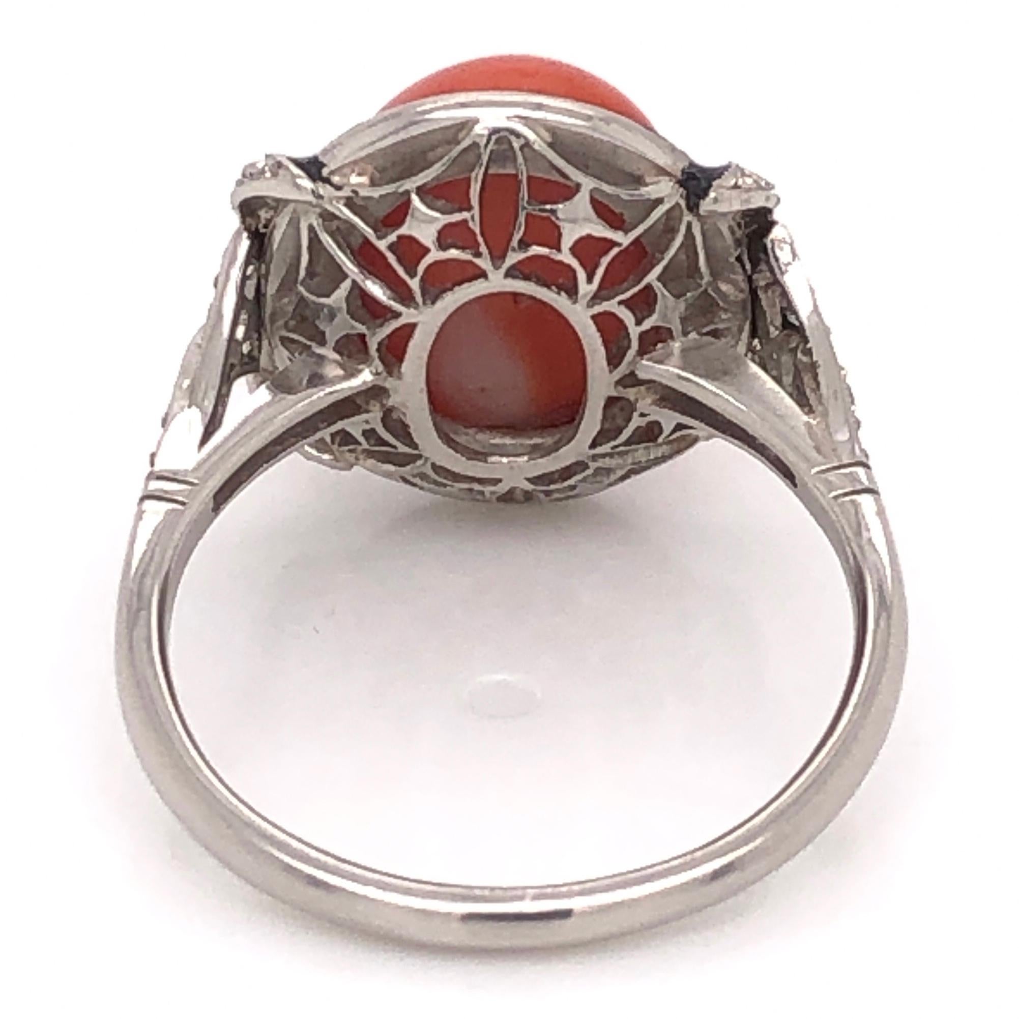 Mixed Cut 5.81 Carat Coral Diamond Enamel Art Deco Style Platinum Ring Estate Fine Jewelry