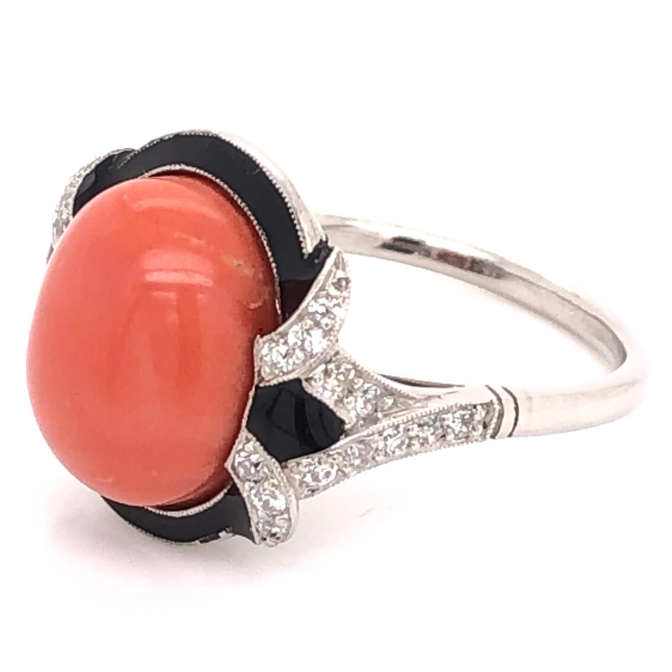 5.81 Carat Coral Diamond Enamel Art Deco Style Platinum Ring Estate Fine Jewelry In Excellent Condition In Montreal, QC